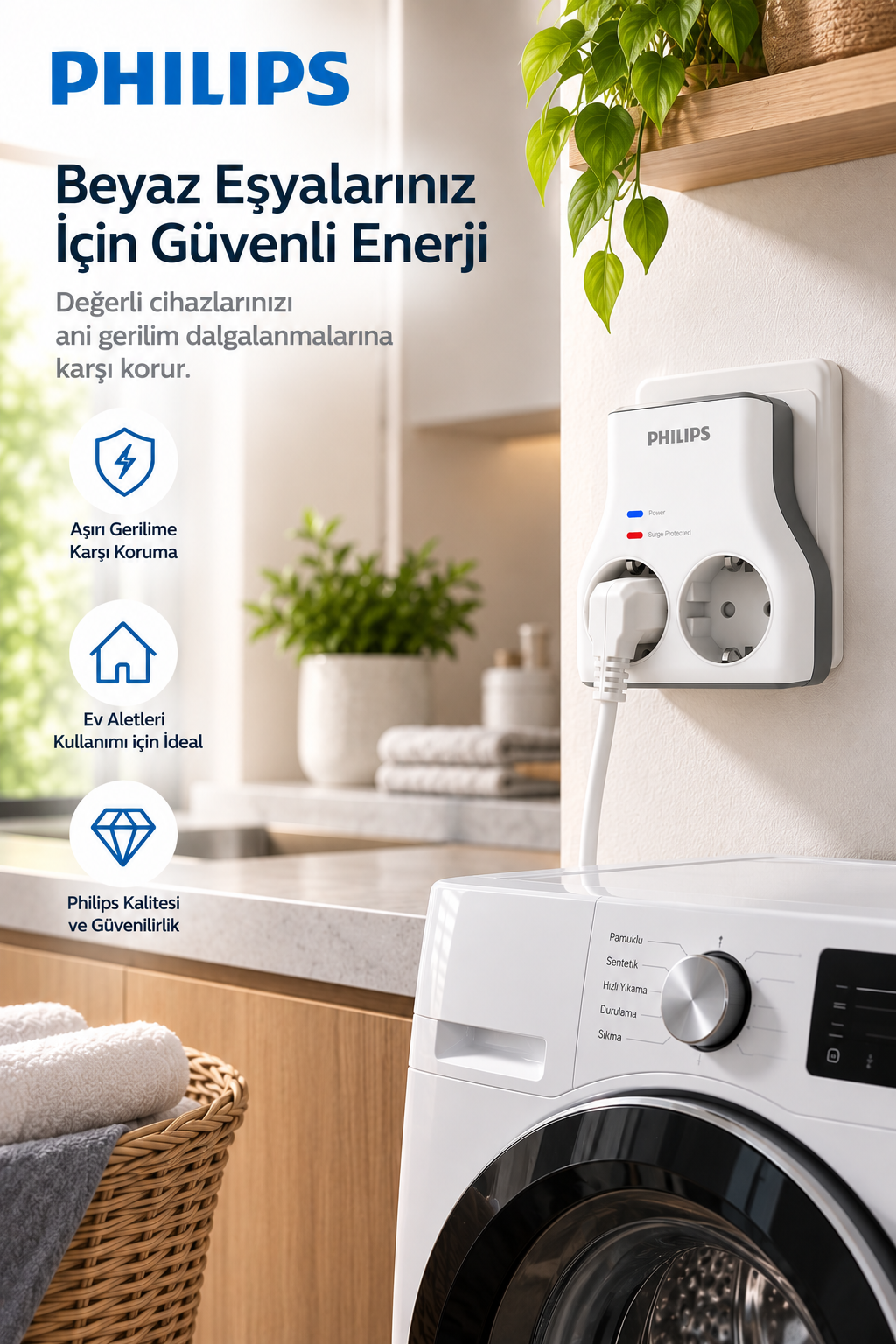 Beyaz çamaşır makinesinin üstünde, aydınlık bir mutfakta duvara takılı Philips aşırı gerilim koruyucu.