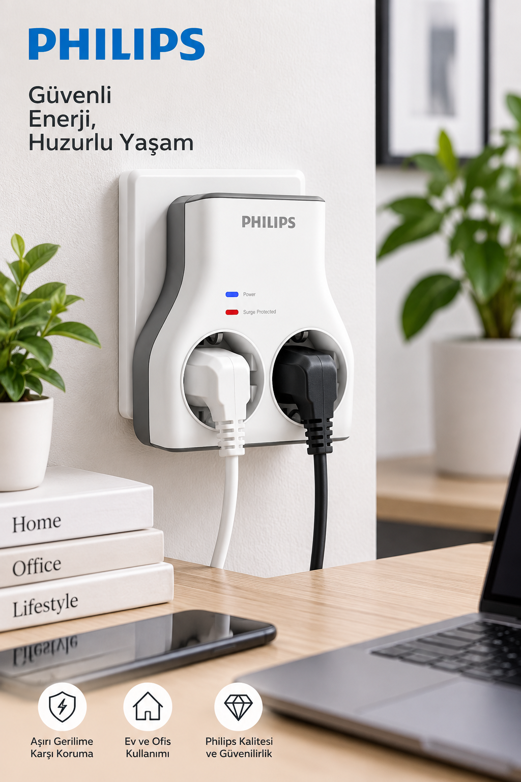 Duvara takılı, iki prizli ve kablolu beyaz Philips çoklu priz adaptörü.