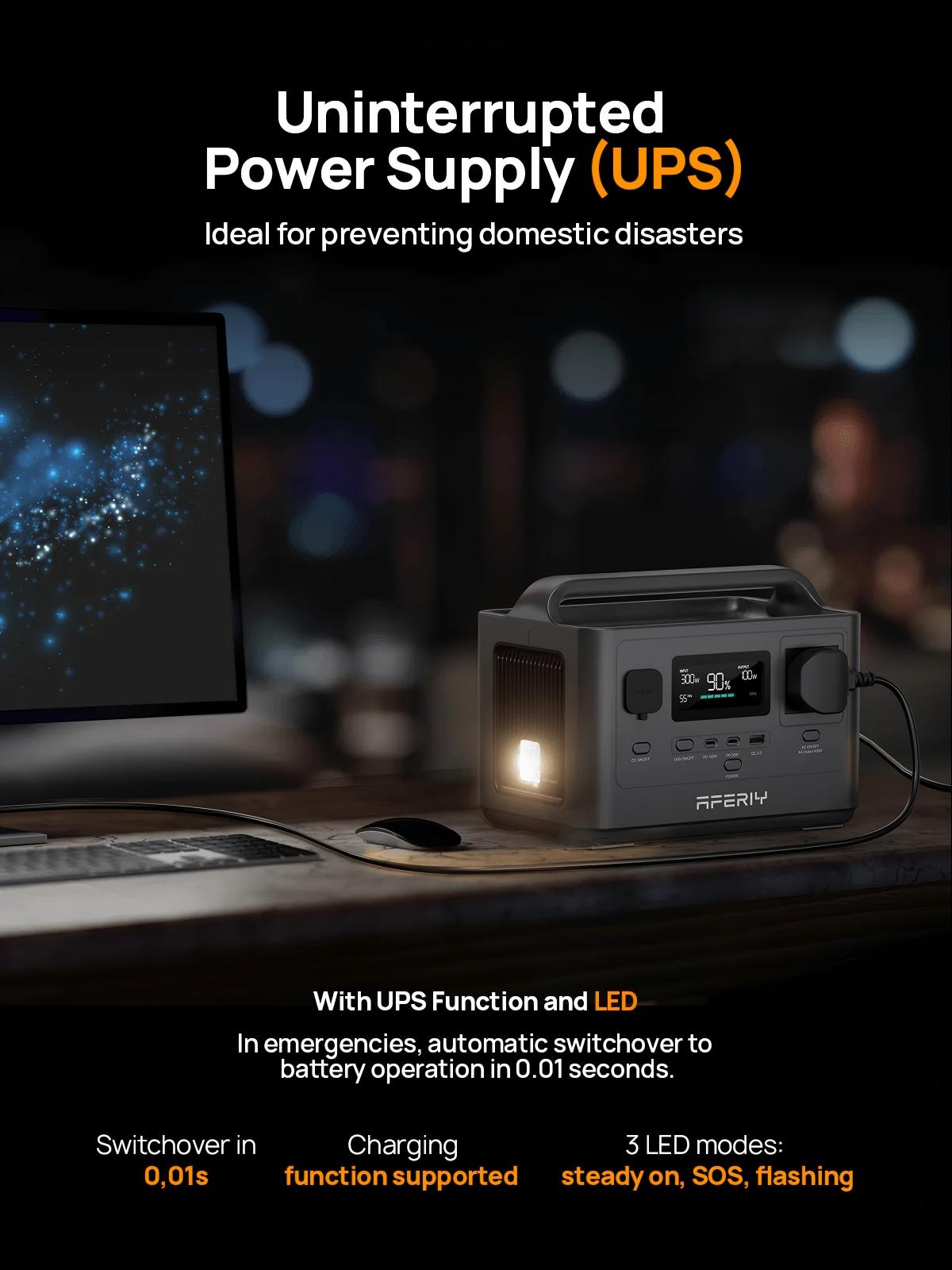 Estación de energía UPS portátil en escritorio con pantalla y luz LED, ideal para apagones.