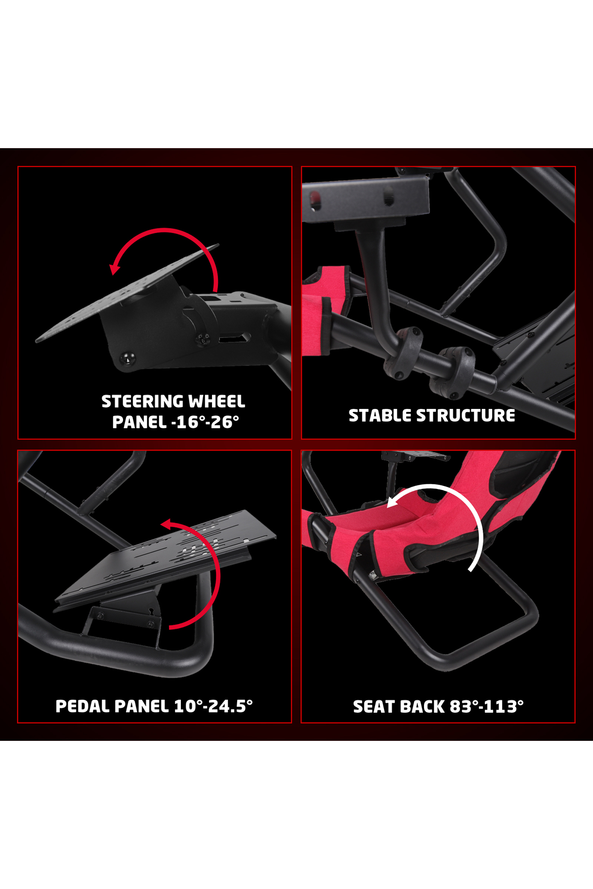 Direksiyon, pedal ve koltuk dahil olmak üzere bir yarış simülatörü kokpitinin ayarlanabilir özelliklerini gösteren dört panel.