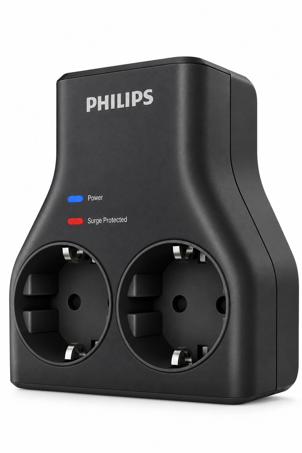 Güç ve koruma için LED göstergeli iki prizli siyah Philips fiş adaptörü.