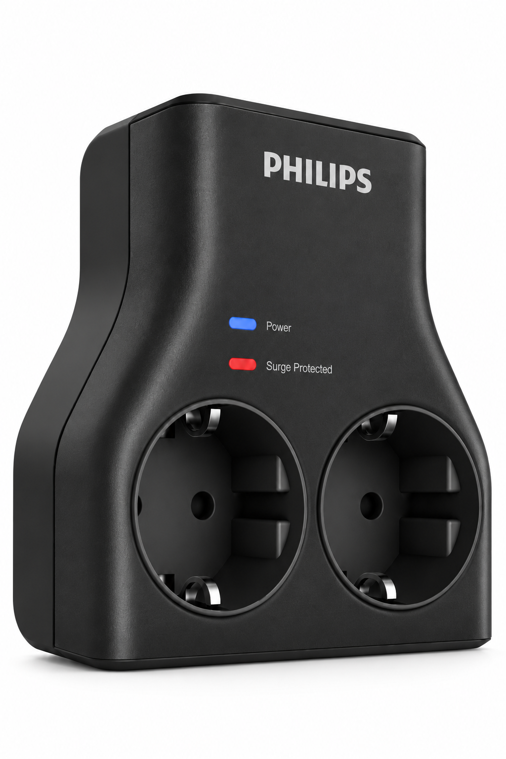 İki prizi, mavi güç göstergesi ve kırmızı aşırı gerilim koruma lambası olan siyah Philips ikili priz.