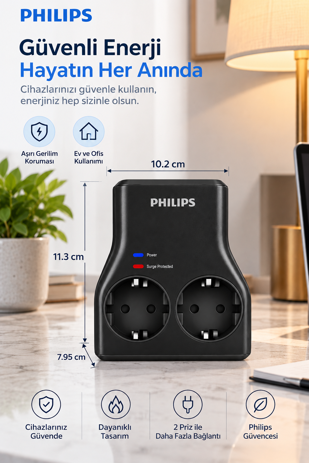 Mermer yüzey üzerinde iki prizli, ölçülü ve yazılı siyah Philips akım korumalı priz.