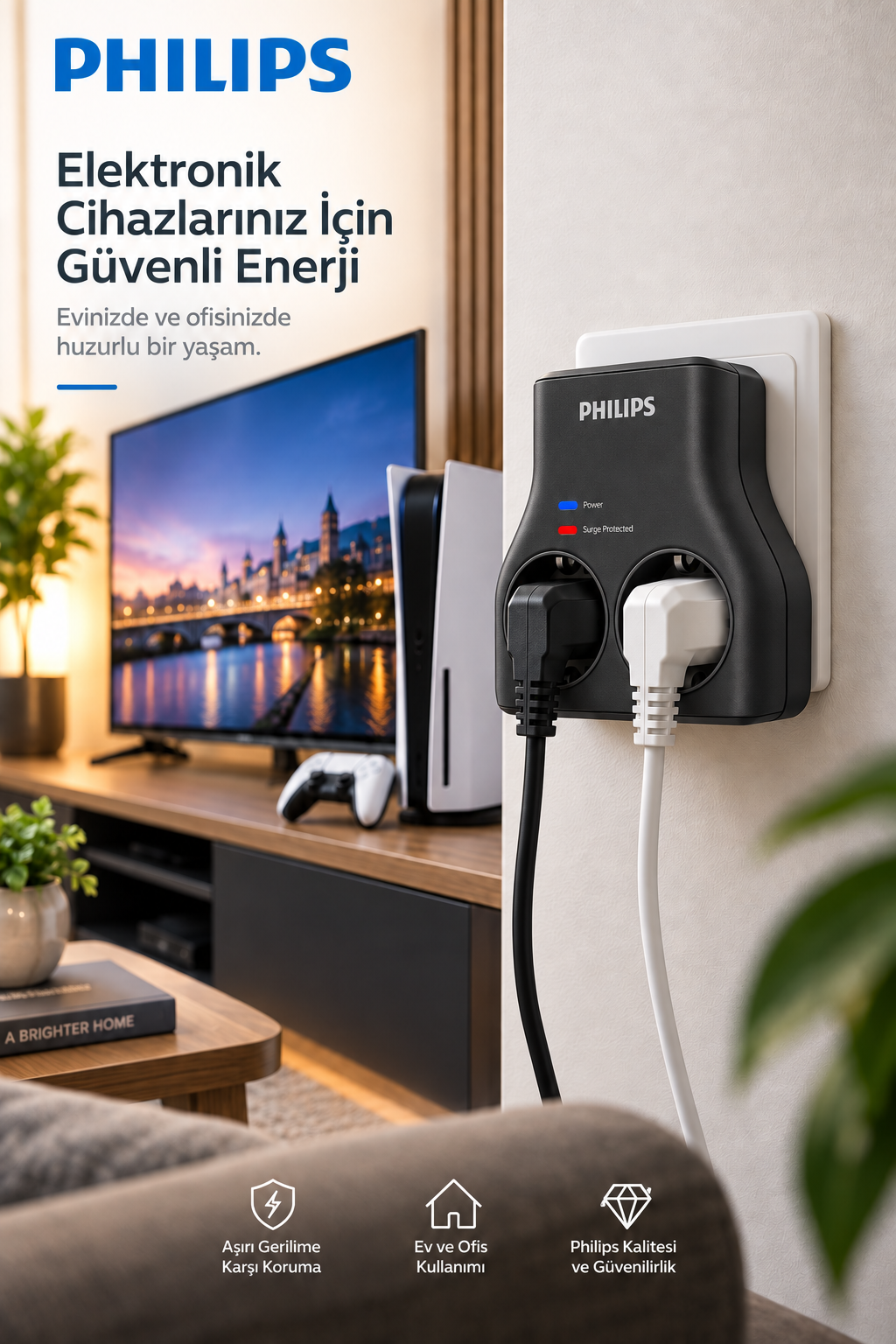 İki kablosu takılı olan siyah bir Philips priz adaptörü, oturma odasındaki TV ünitesinin yanına monte edilmiştir.