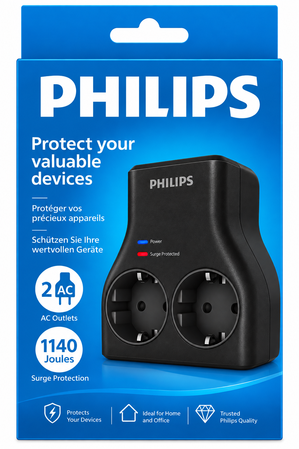 Mavi Philips ambalajı, güç ve koruma göstergelerine sahip siyah bir ikili AC priz aşırı gerilim koruyucu gösterir.
