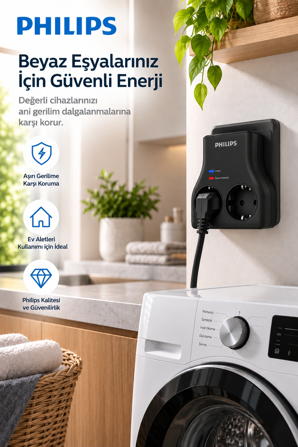 Beyaz çamaşır makinesinin üstünde duvara takılı siyah Philips aşırı gerilim koruyucu.