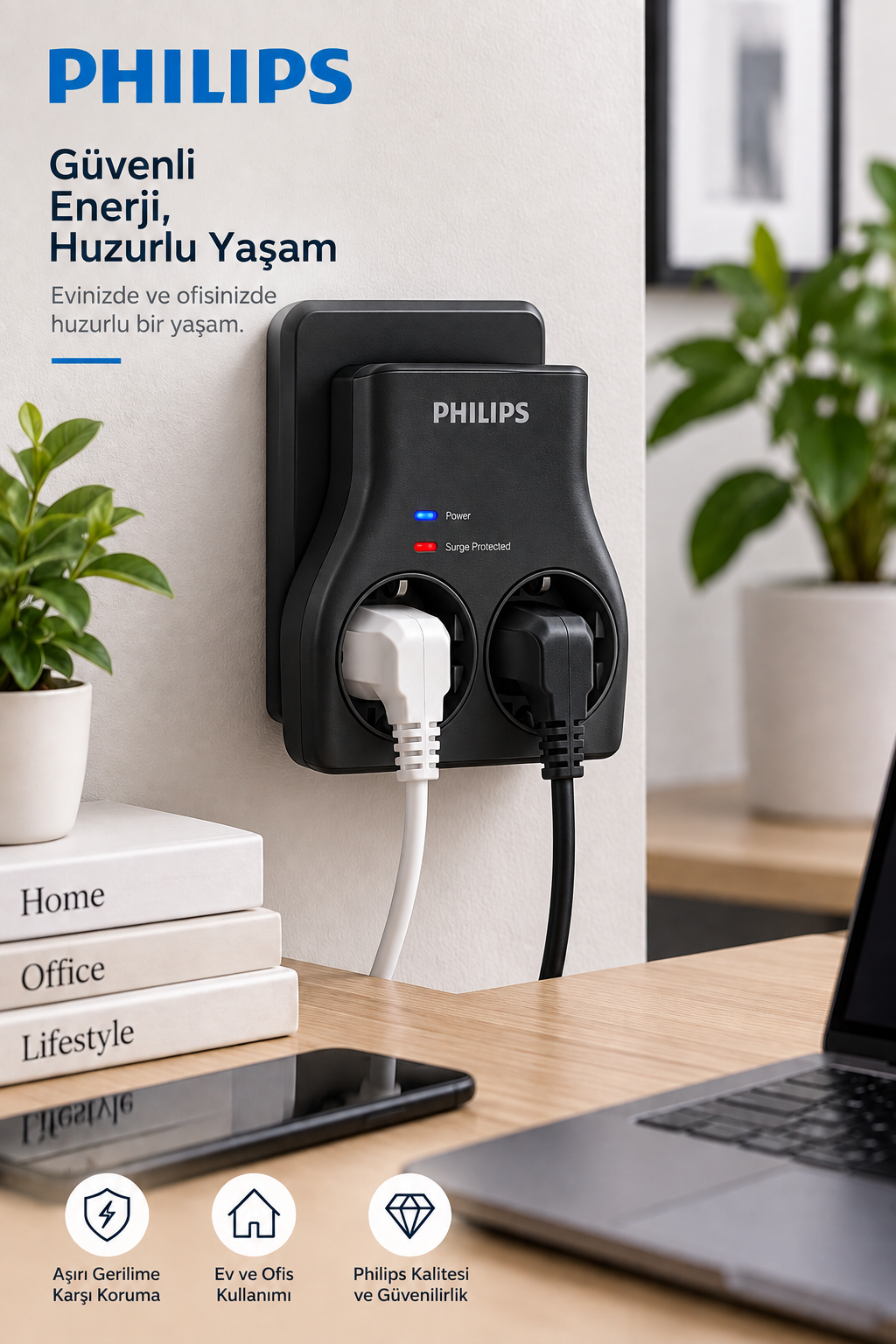 Bitkiler ve kitapların yanında duvara takılı, iki fişi takılı siyah bir Philips priz.