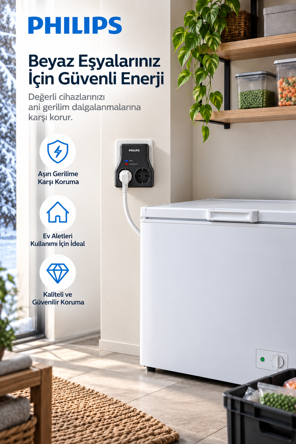 Mutfakta beyaz derin dondurucu yanında prize takılı Philips akım korumalı priz.