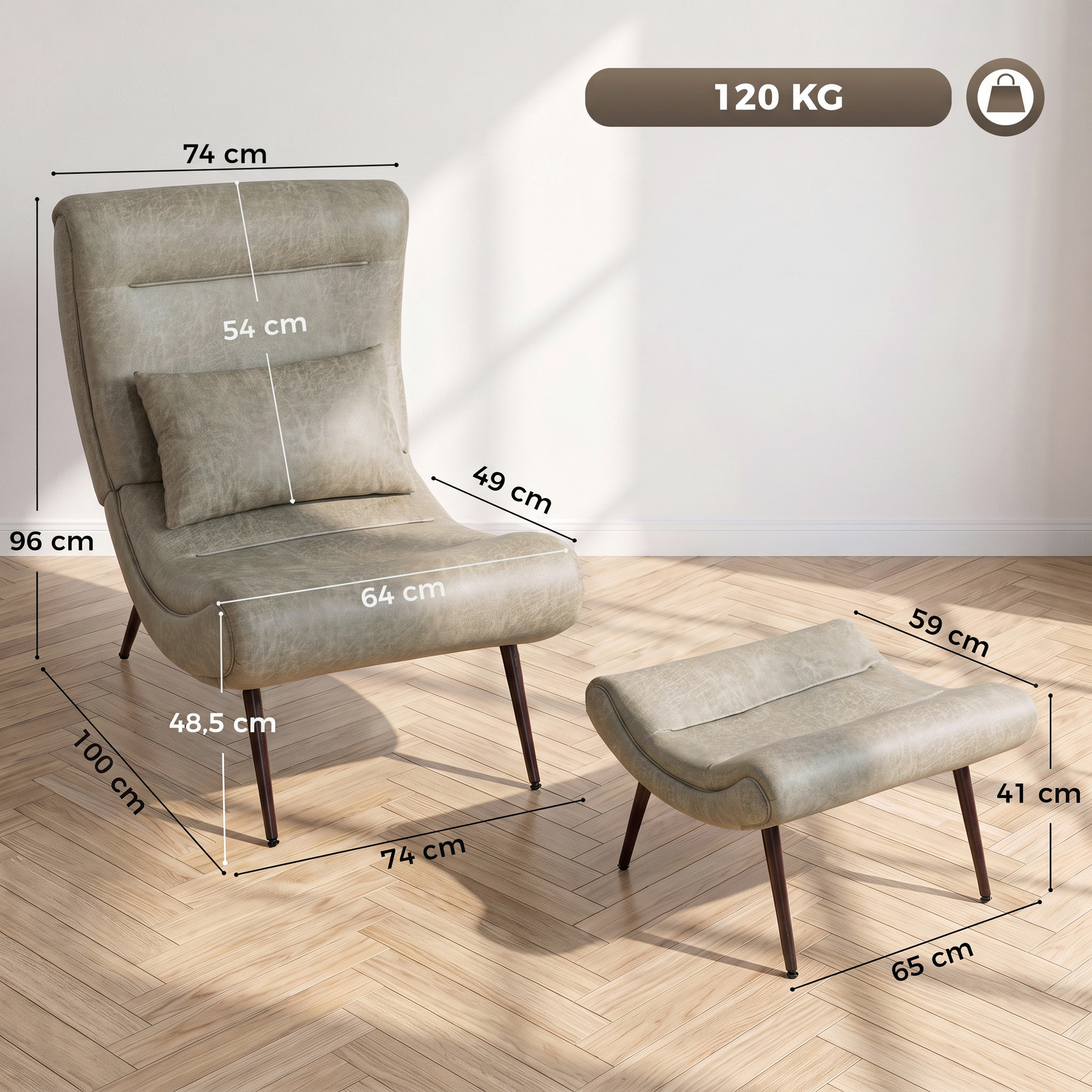 Sillón gris con reposapiés y dimensiones mostradas.