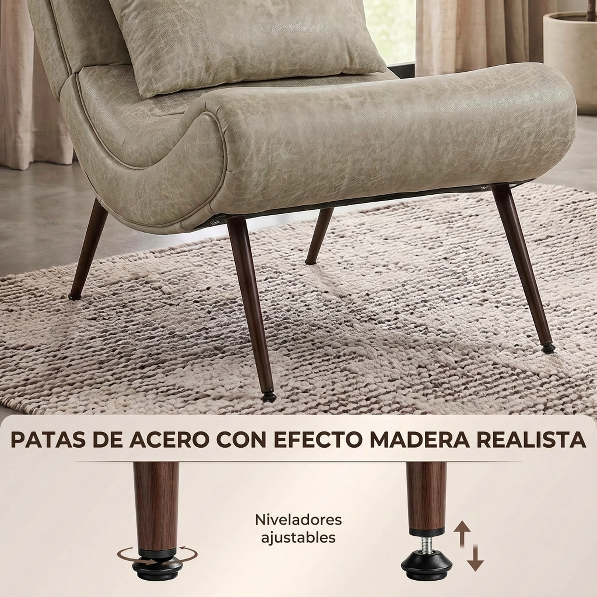 Silla de piel sintética marrón claro con patas de acero efecto madera y niveladores.