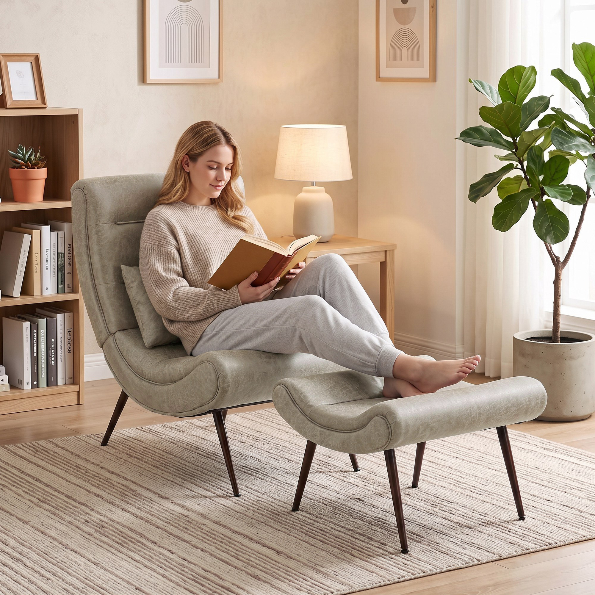 Una mujer lee un libro en un sillón verde con reposapiés en una sala acogedora.