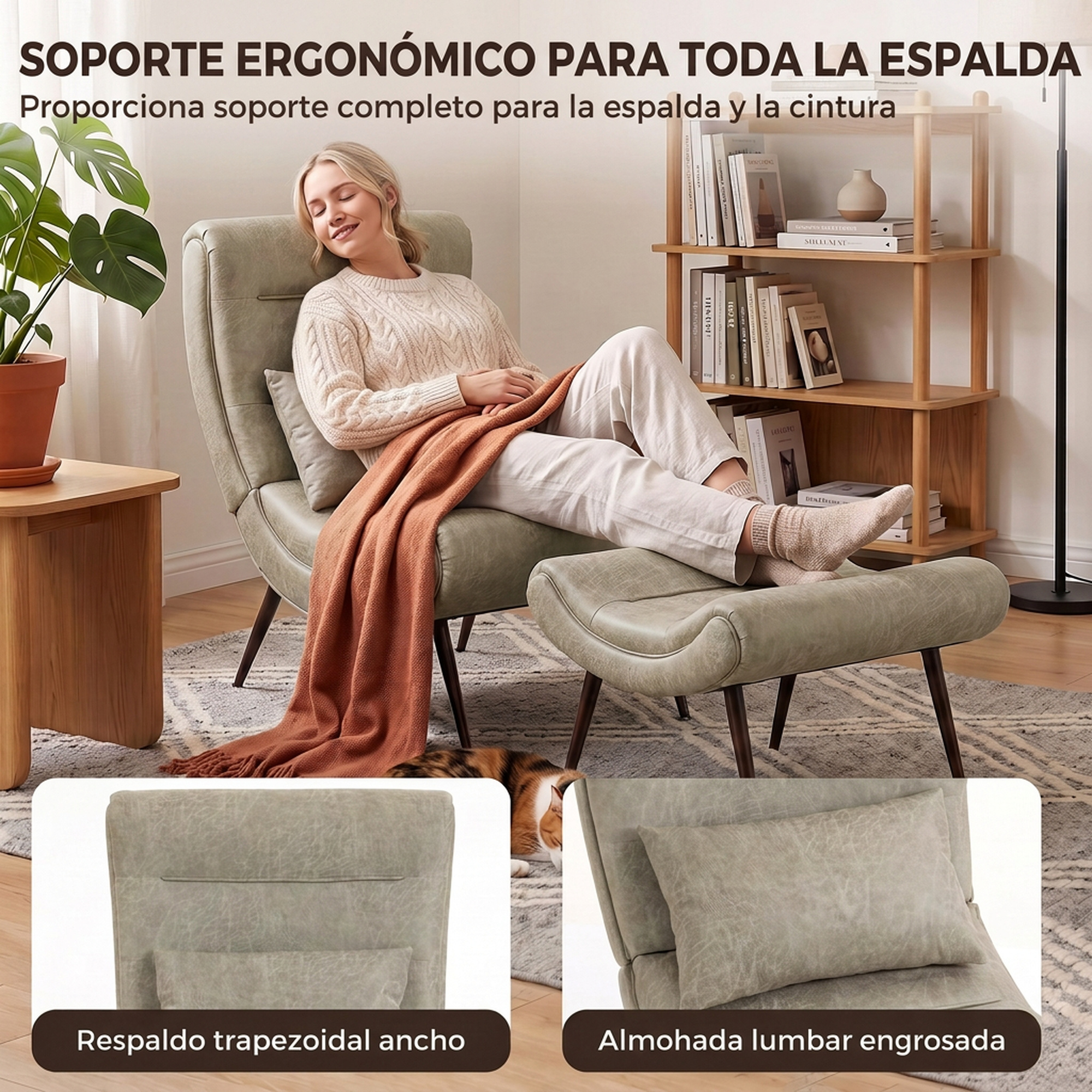 Mujer se relaja en sillón verde con reposapiés, cubierta con manta, en sala luminosa.