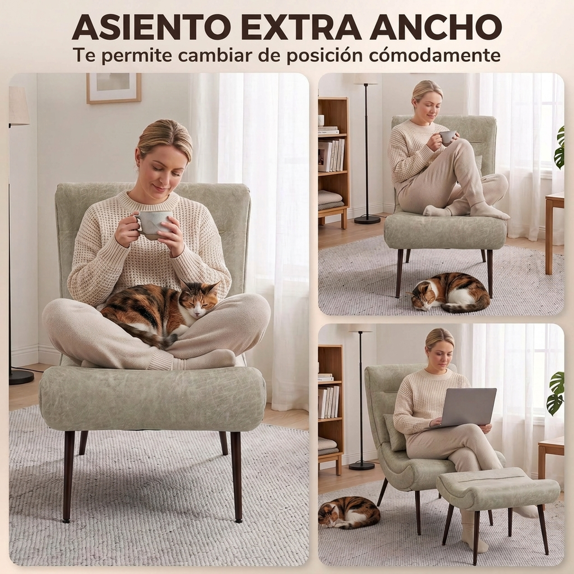 Una mujer rubia está sentada en un sillón verde claro ancho, bebiendo de una taza mientras un gato duerme en su regazo.
