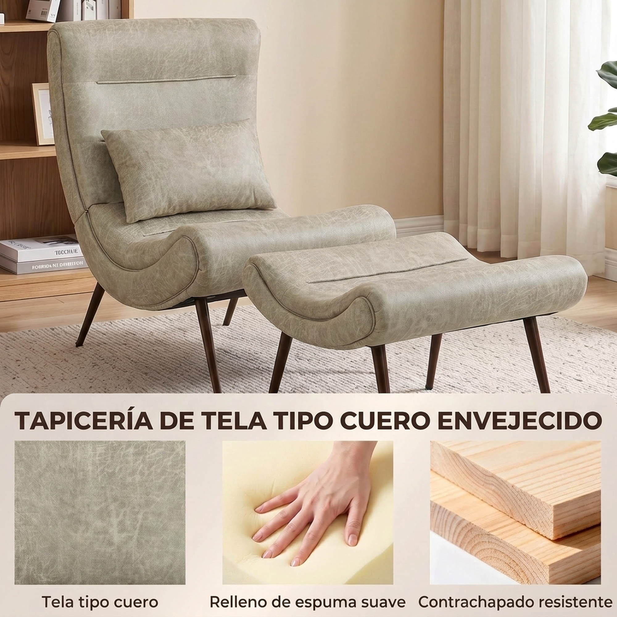 Un sillón de cuero sintético beige con otomana, cojín y patas oscuras en una habitación con alfombra.