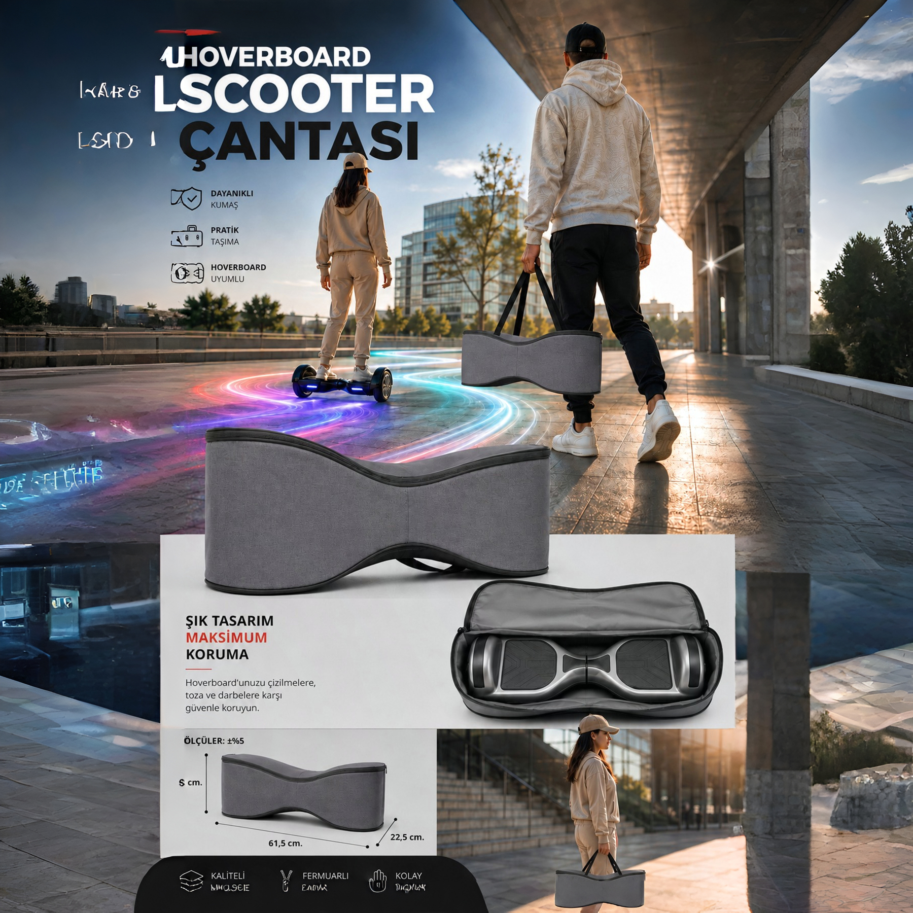 Gri hoverboard çanta reklamı, ölçü detayları ve dış mekan kullanımını gösteriyor.