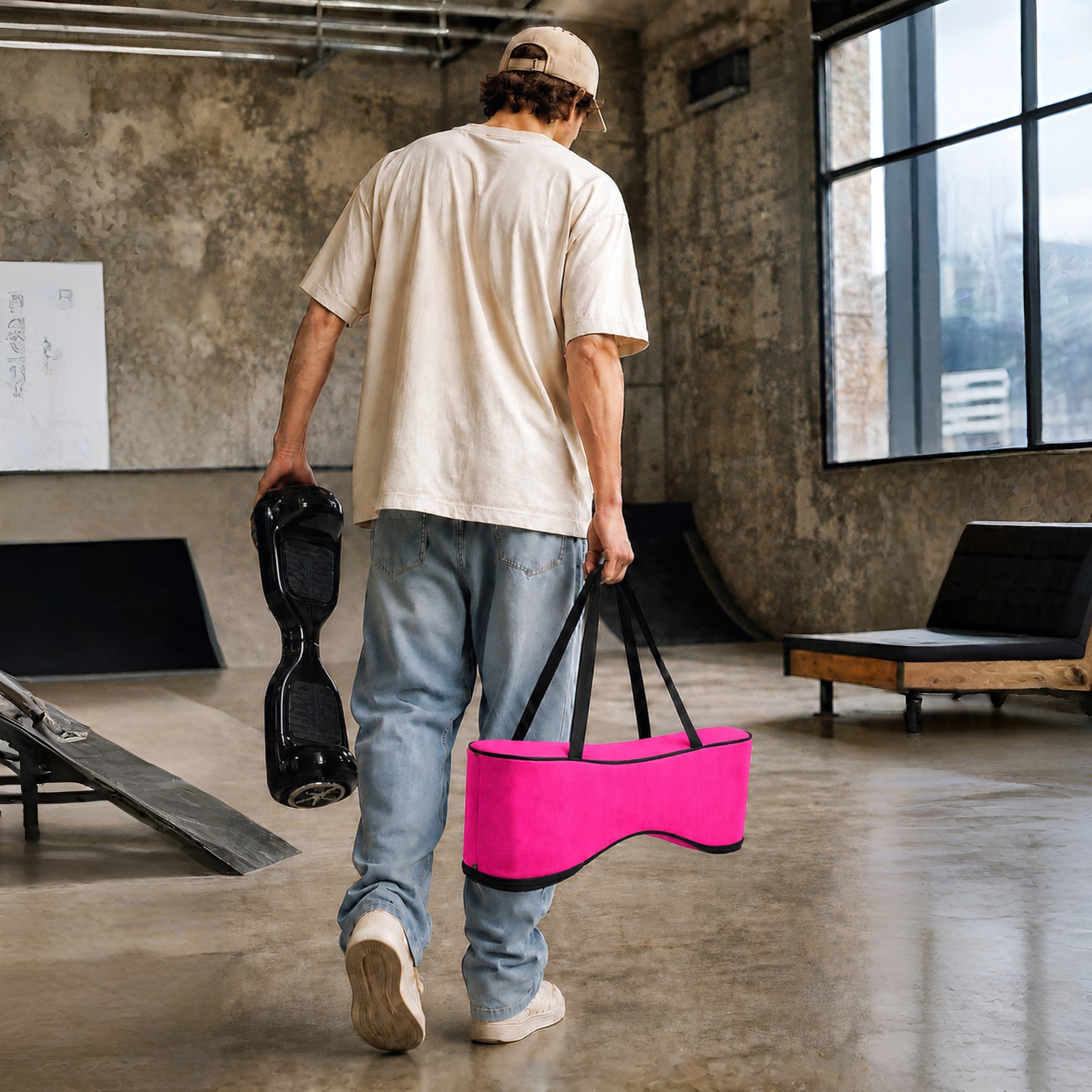 Şapkalı, açık renk tişörtlü ve kot pantolonlu bir adam kapalı bir kaykay parkında siyah hoverboard ve pembe çanta taşıyarak yürüyor.