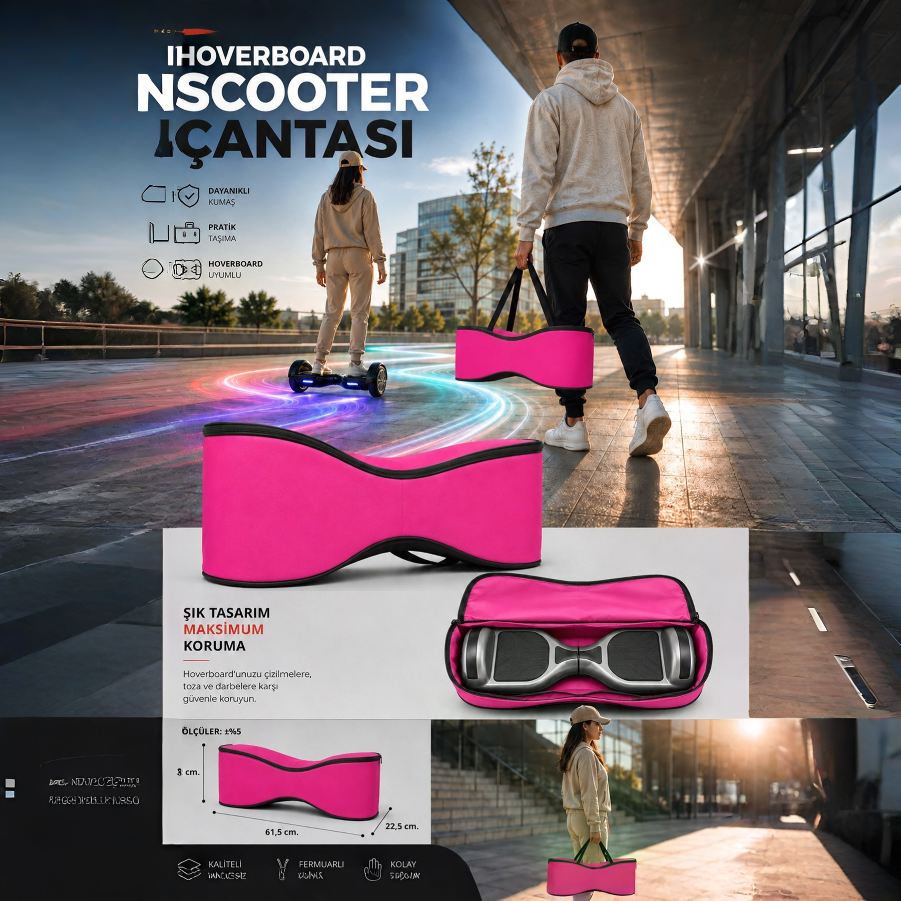 Ürün fotoğrafları ve arka planda insanlarla pembe bir hoverboard çantası reklamı.