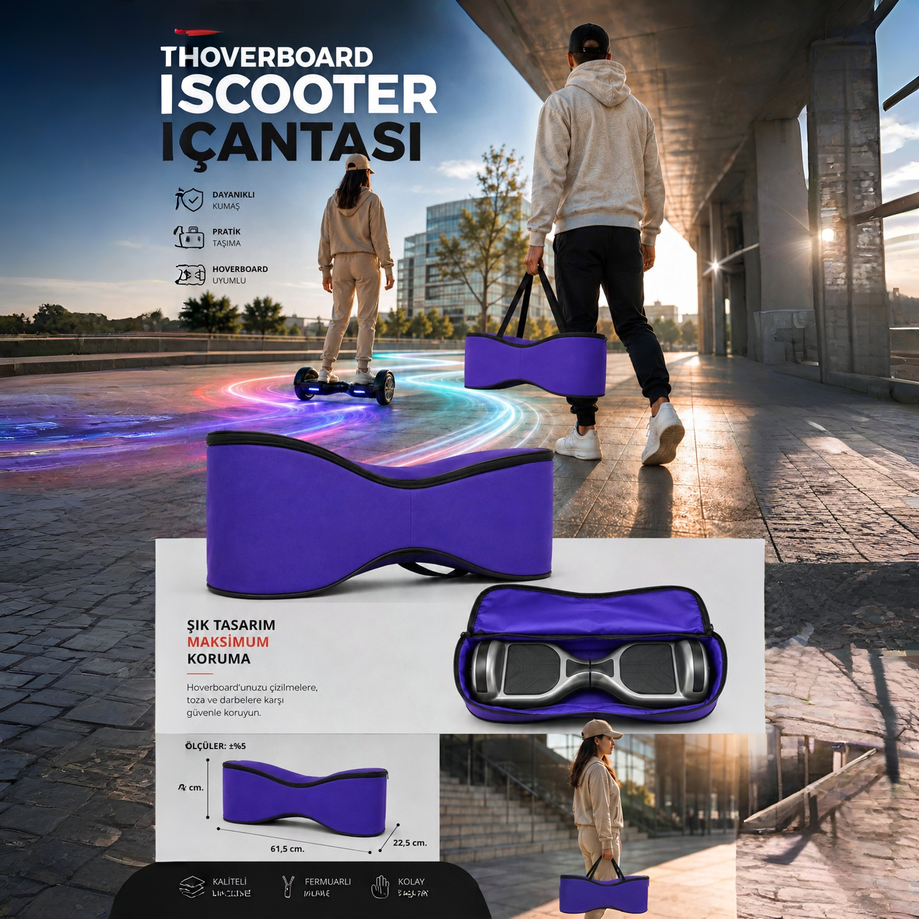 Dış mekan sahneleriyle ürün özelliklerini gösteren mor hoverboard taşıma çantası posteri.