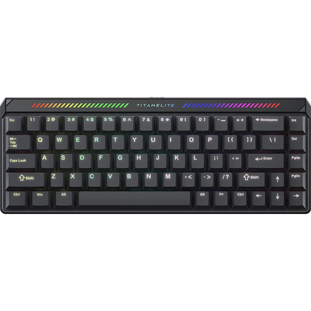 Üst kısmında RGB aydınlatma bulunan siyah mekanik klavye ve kompakt QWERTY düzeni.