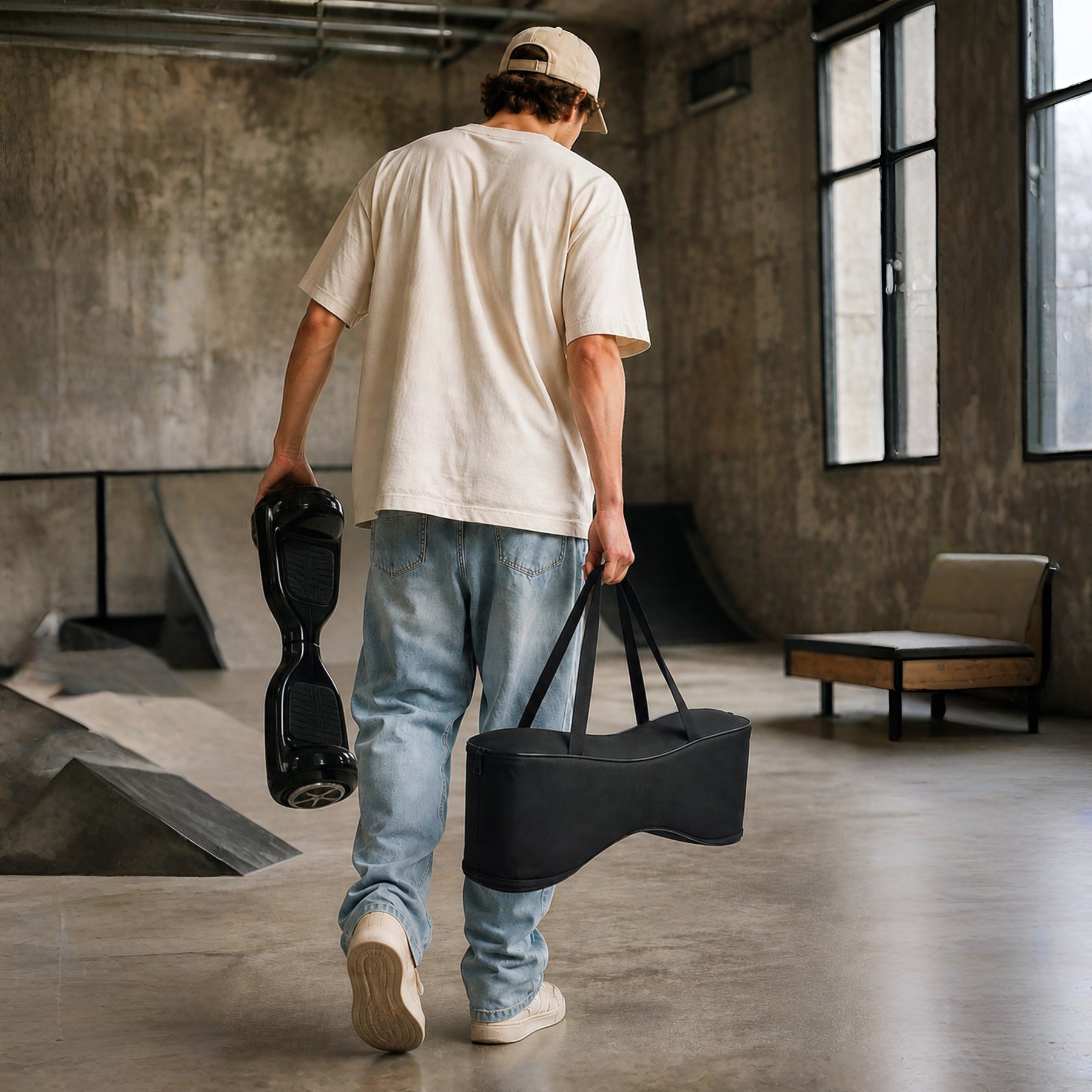 Beton duvarlı bir kaykay parkında elinde hoverboard ve siyah taşıma çantasıyla uzaklaşan bir adam.