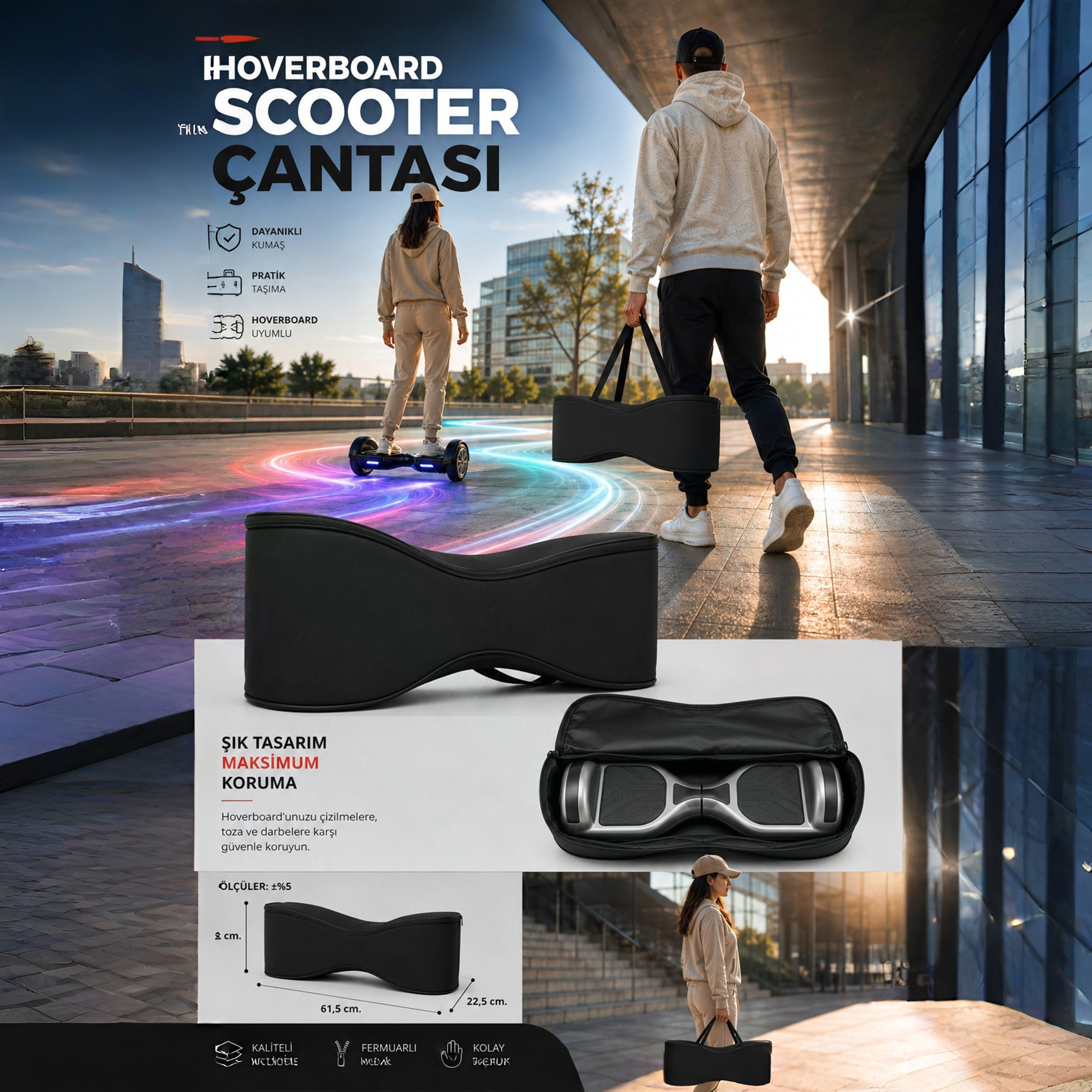 Siyah hoverboard çantası reklamı, elde taşınırken ve içinde hoverboard ile gösteriliyor.