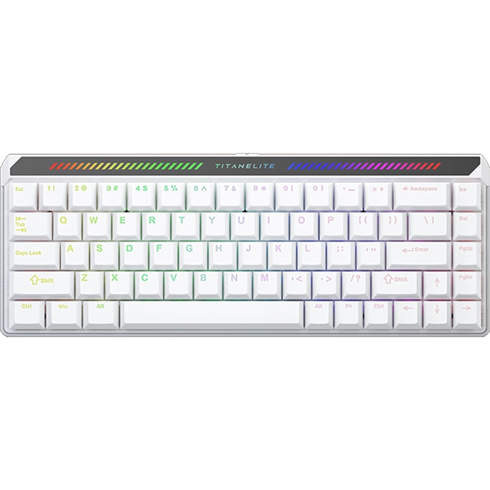 Üst kısmında RGB aydınlatma bulunan kompakt beyaz mekanik klavye.