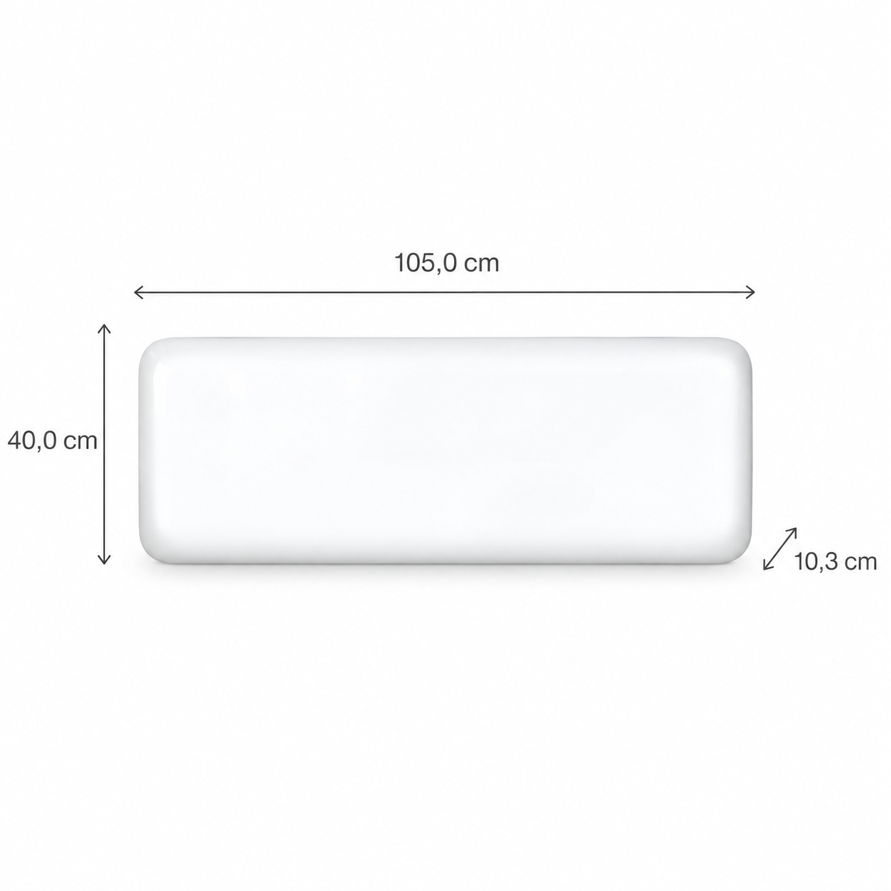 Oggetto rettangolare bianco con dimensioni: 105,0 cm di larghezza, 40,0 cm di altezza e 10,3 cm di profondità su sfondo neutro.