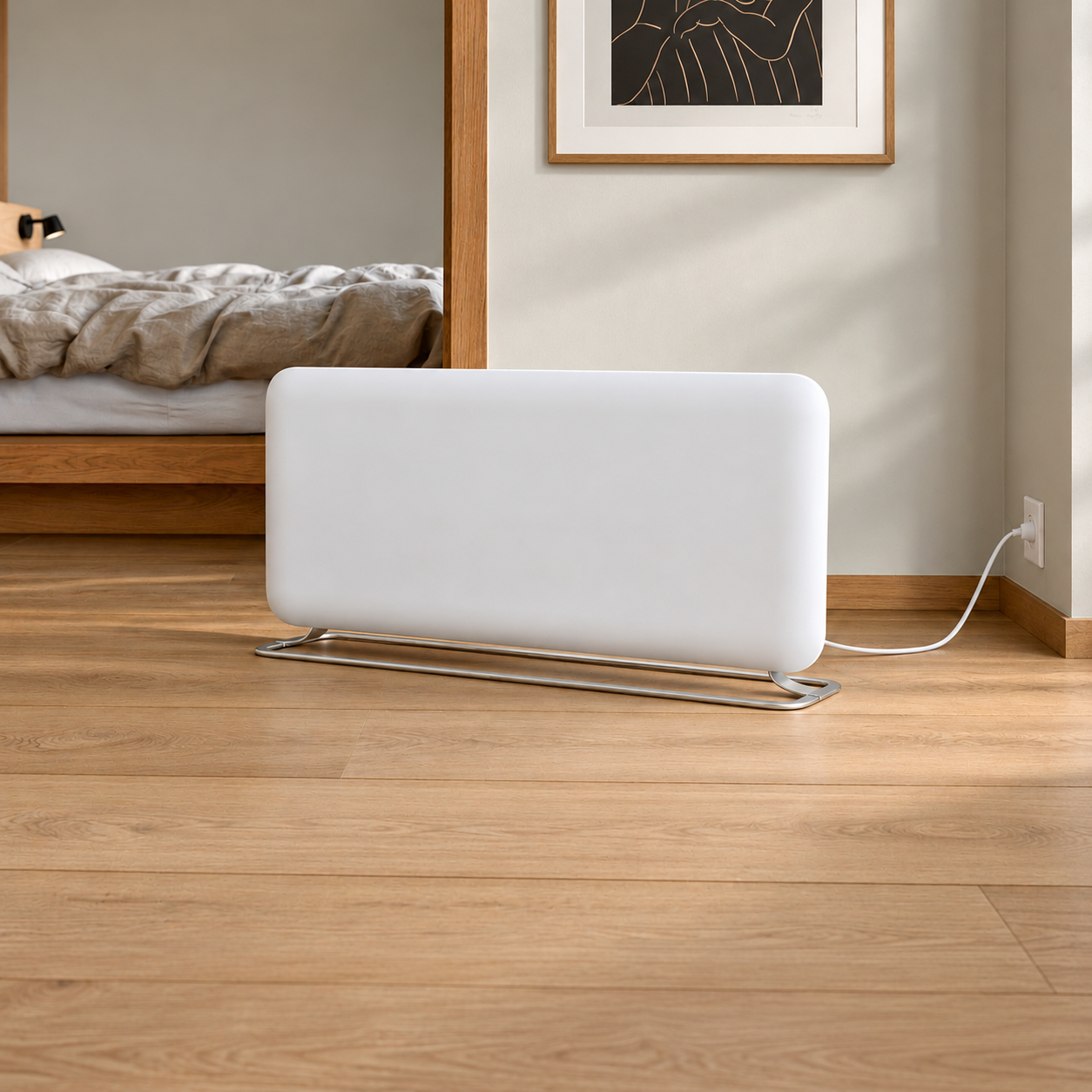 Una stufa portatile bianca su pavimento in legno chiaro in una stanza, con un letto sullo sfondo.