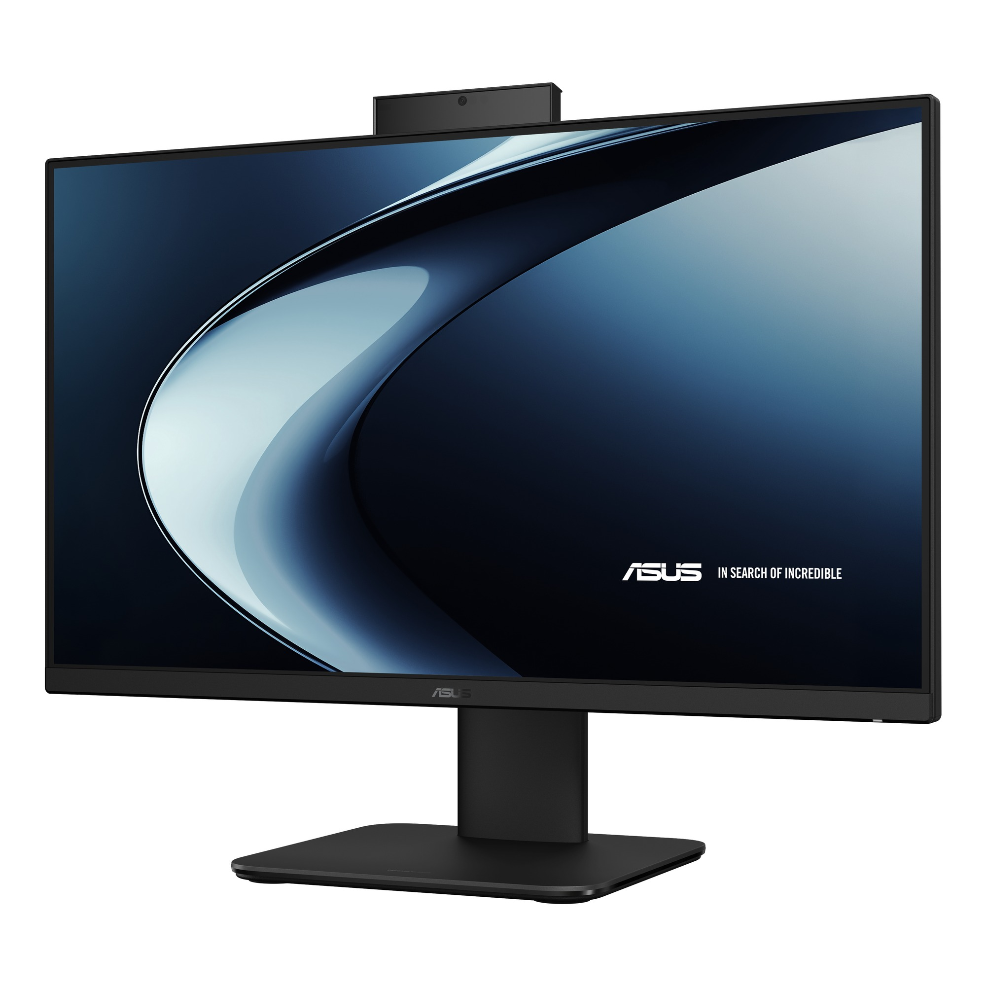 Dahili web kameralı ve mavi dalga arka planlı stand üzerinde siyah Asus monitör.