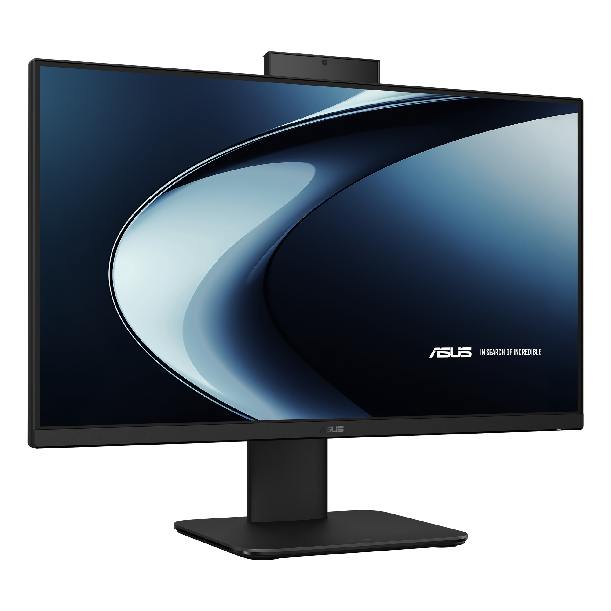 Üst kısmında web kamerası ve standı bulunan, mavi ve beyaz soyut duvar kağıdı gösteren siyah bir ASUS monitör.
