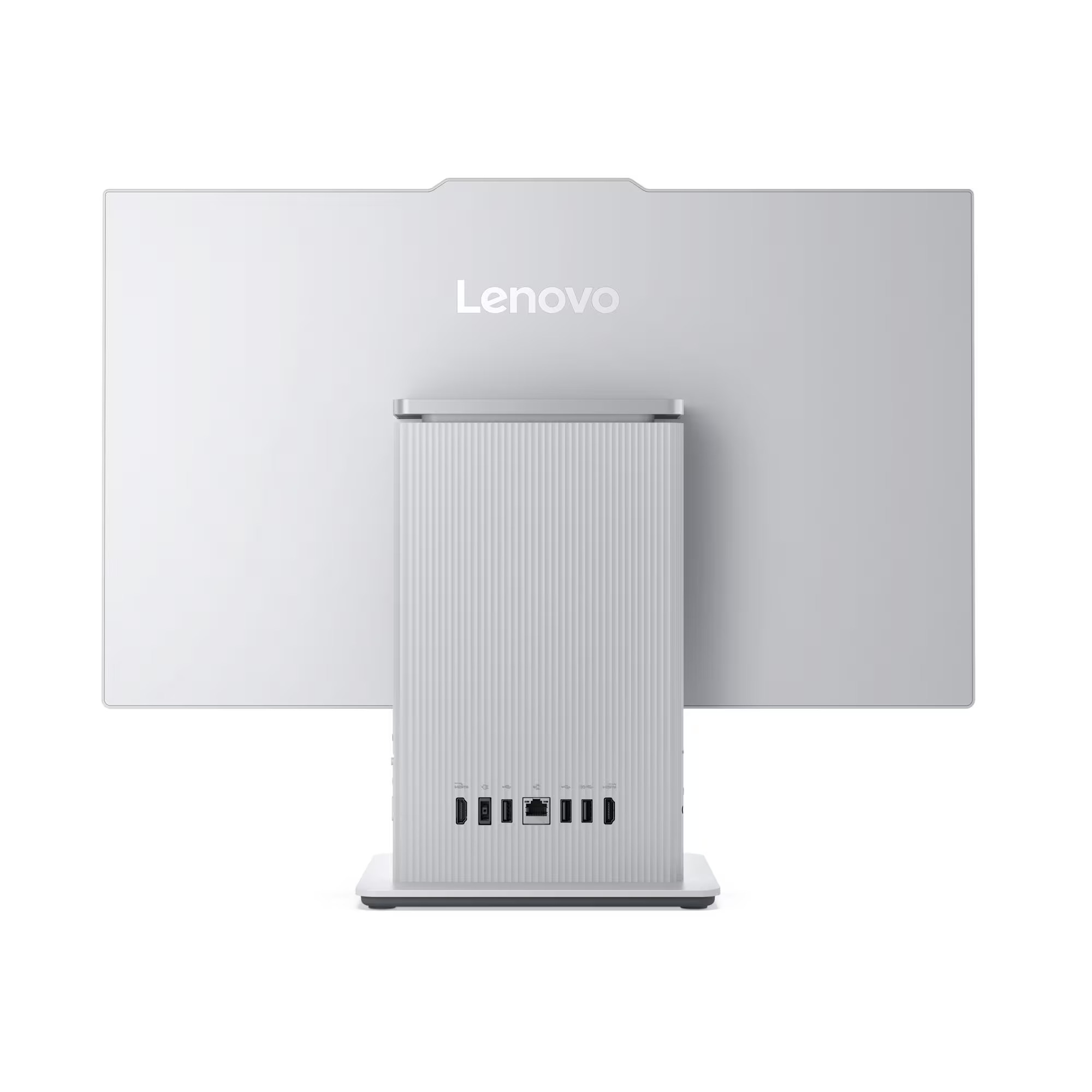 Çoklu bağlantı noktalarına sahip gümüş renkli Lenovo all-in-one bilgisayarın arkası.