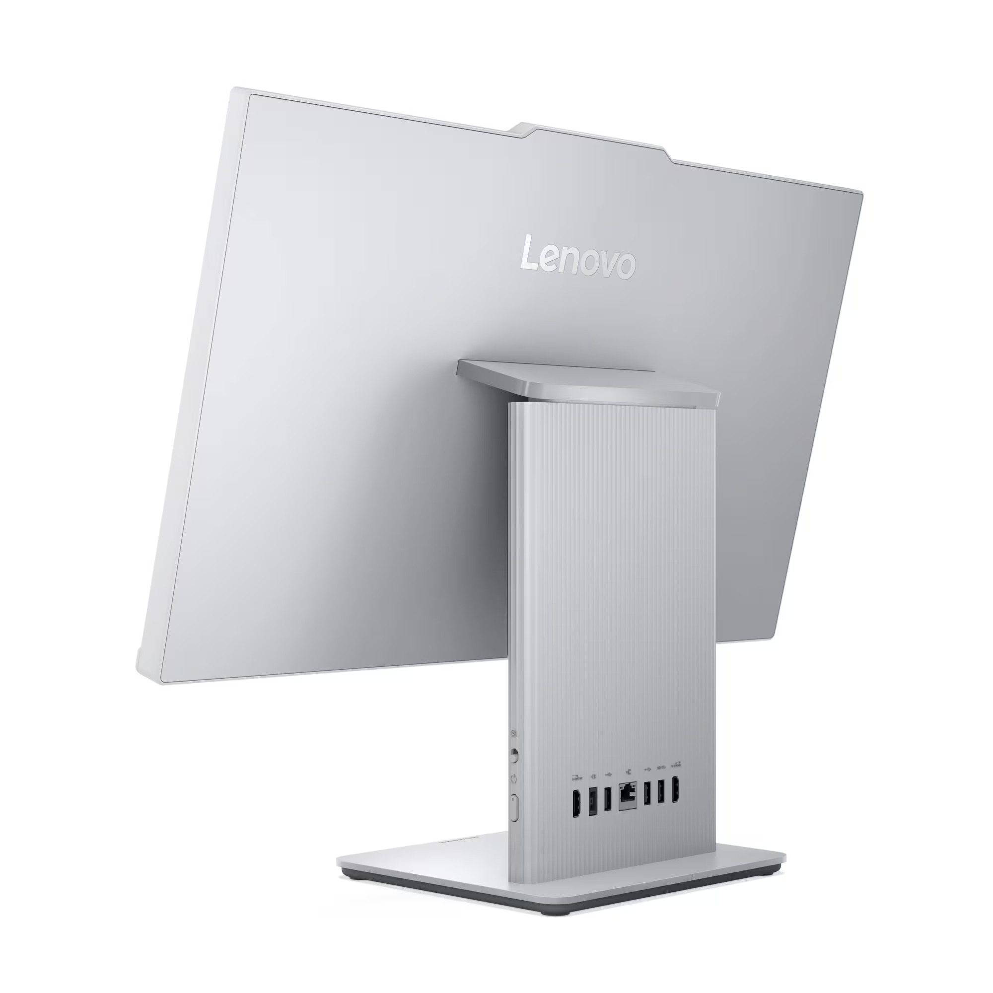 Standında bağlantı noktaları olan gümüş renkli Lenovo all-in-one bilgisayar.