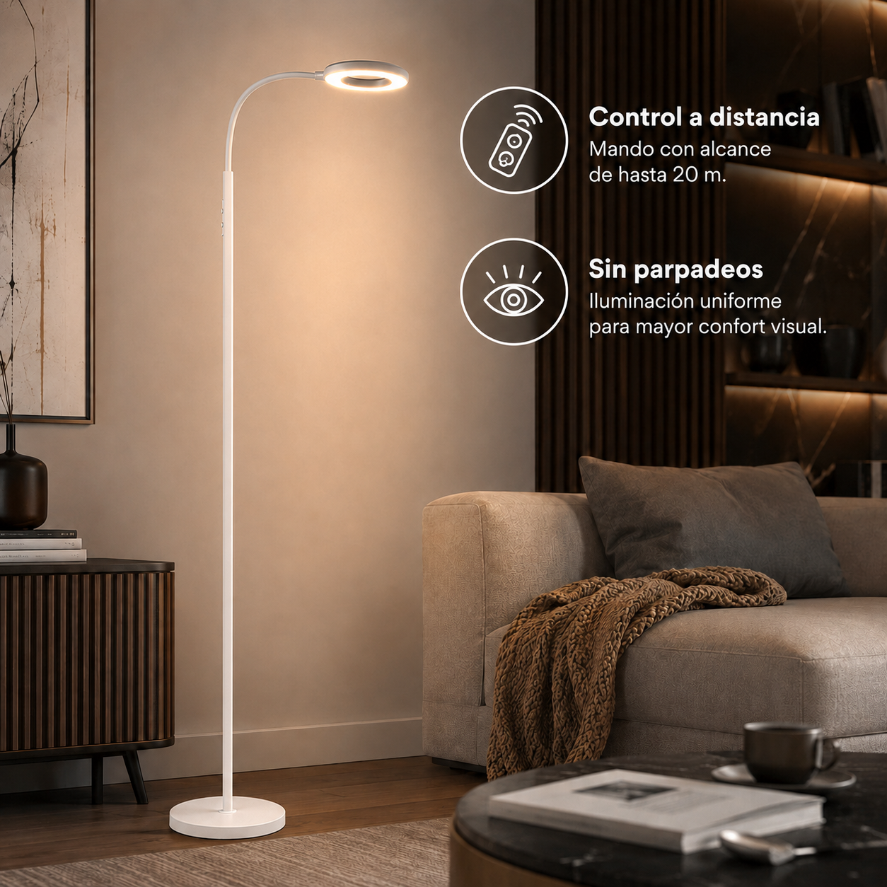 Una lámpara de pie blanca moderna en una sala, con brazo curvo y luz circular, iconos de productos y texto.