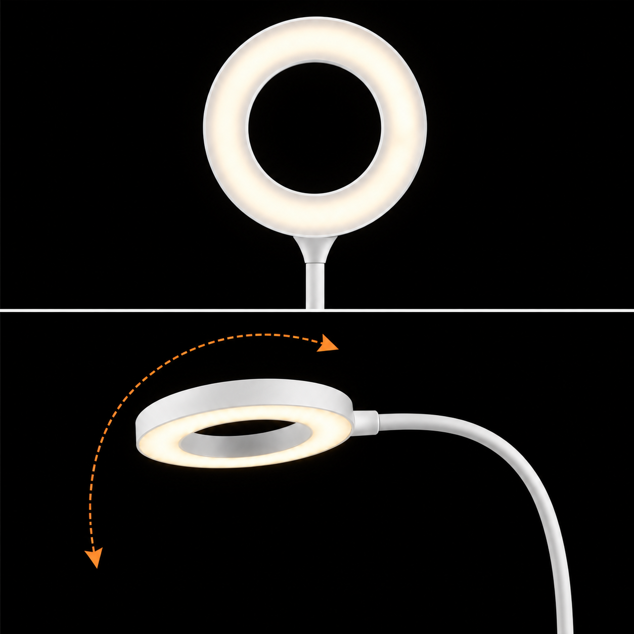 Una lámpara de aro blanca con brazo flexible y luz cálida sobre fondo negro, mostrada en dos posiciones.
