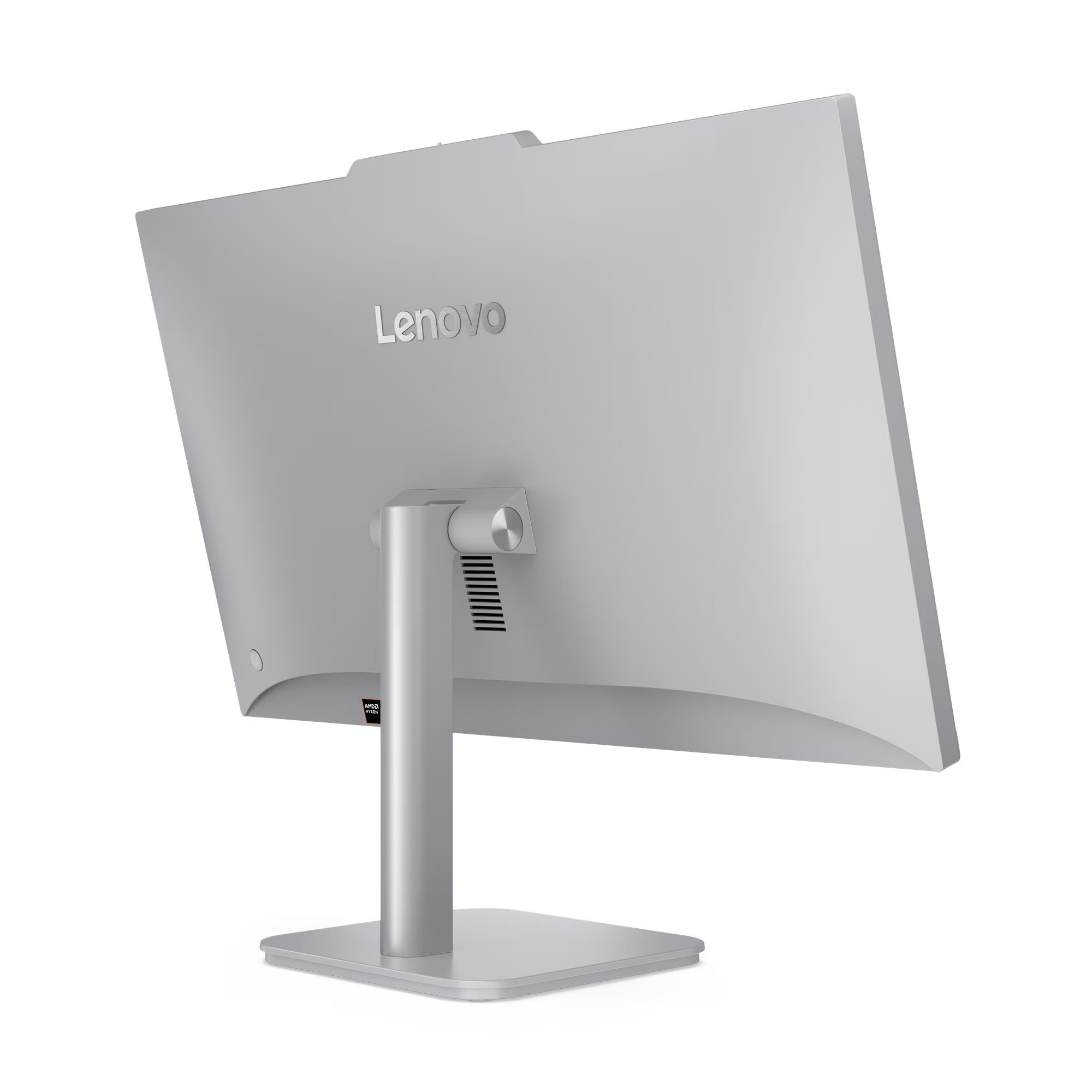 Beyaz arka planda ayarlanabilir standlı gümüş renkli bir Lenovo her şey bir arada masaüstü bilgisayarın arka görünümü.