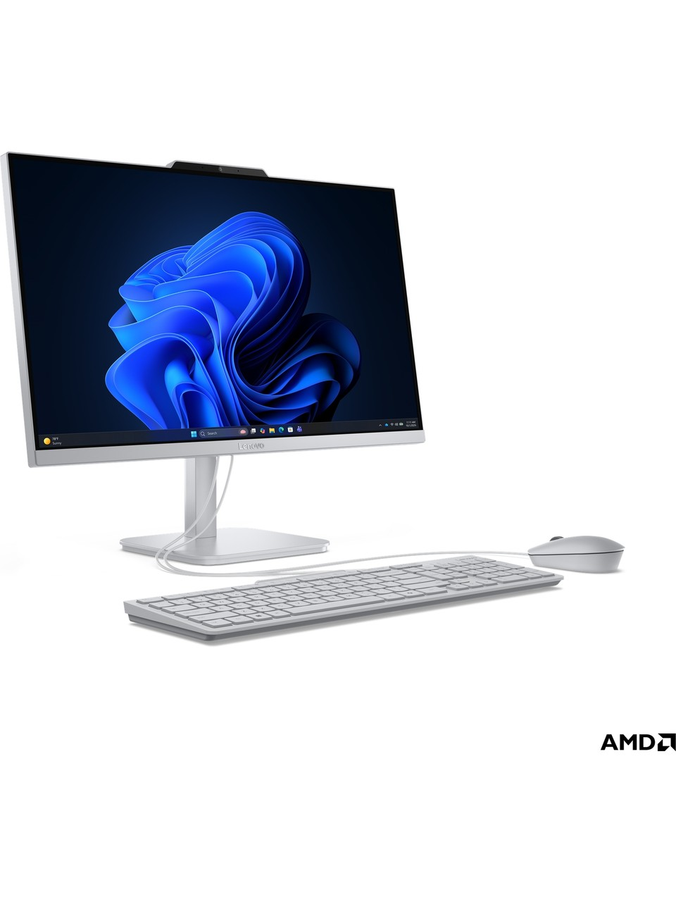 Beyaz arka planda mavi çiçek ekranlı beyaz Lenovo hep-bir-arada bilgisayar, beyaz klavye ve fare.