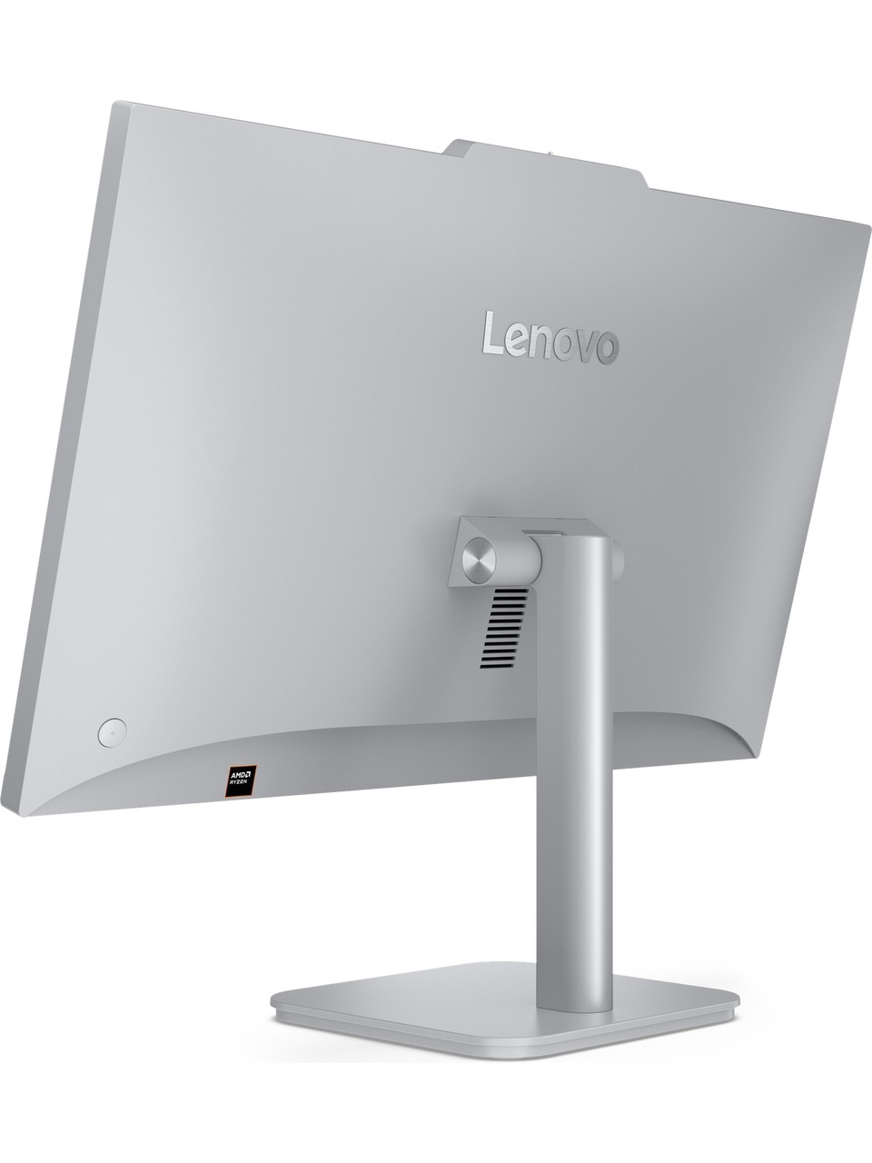 Beyaz arka planda AMD Ryzen logolu gümüş renkli bir Lenovo Hepsi Bir Arada PC'nin arka görünümü.