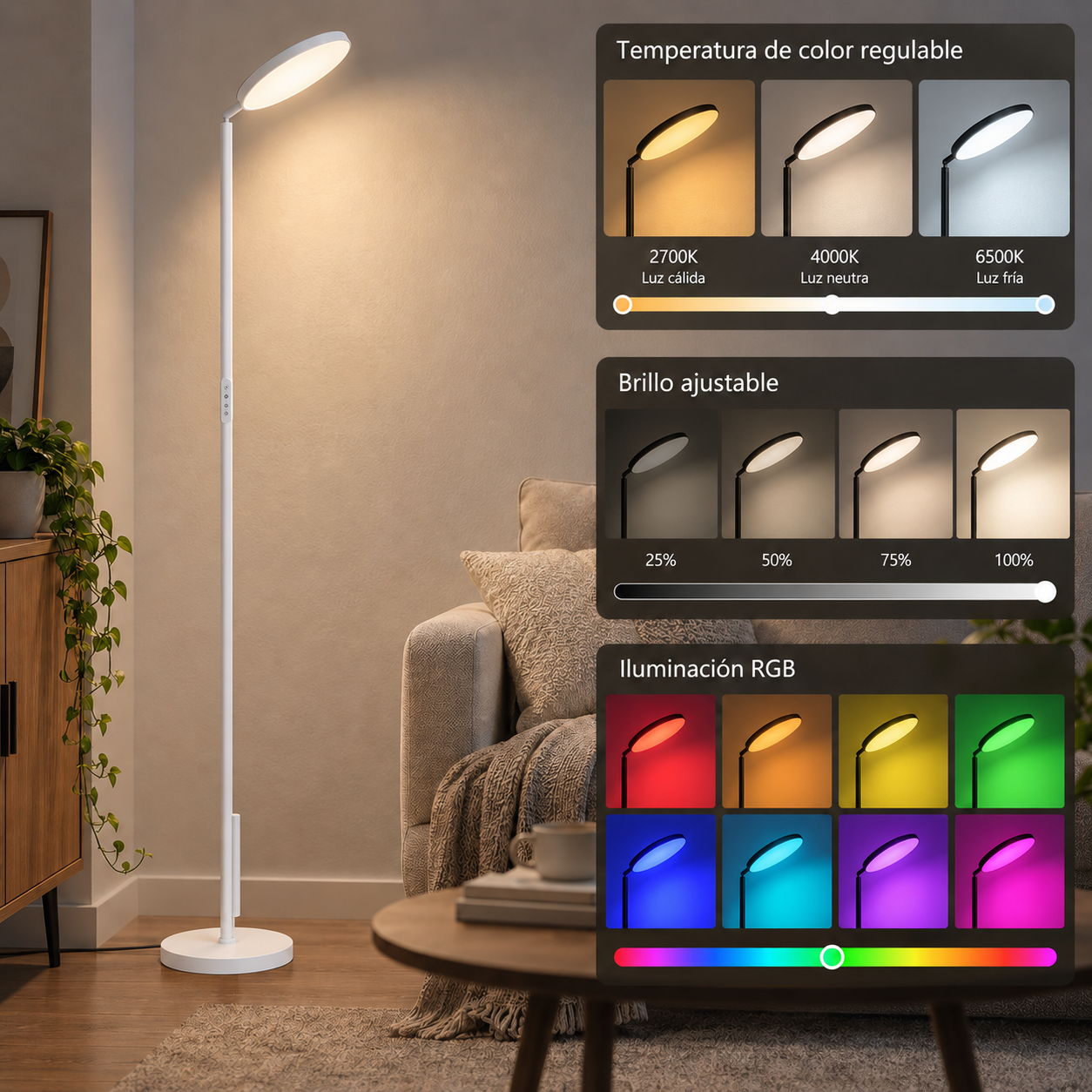 Lámpara de pie moderna con temperaturas de color, niveles de brillo y opciones RGB ajustables en el salón.