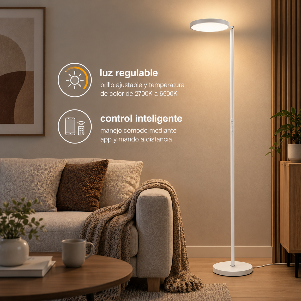 Lámpara de pie moderna junto a un sofá con texto e iconos de control.