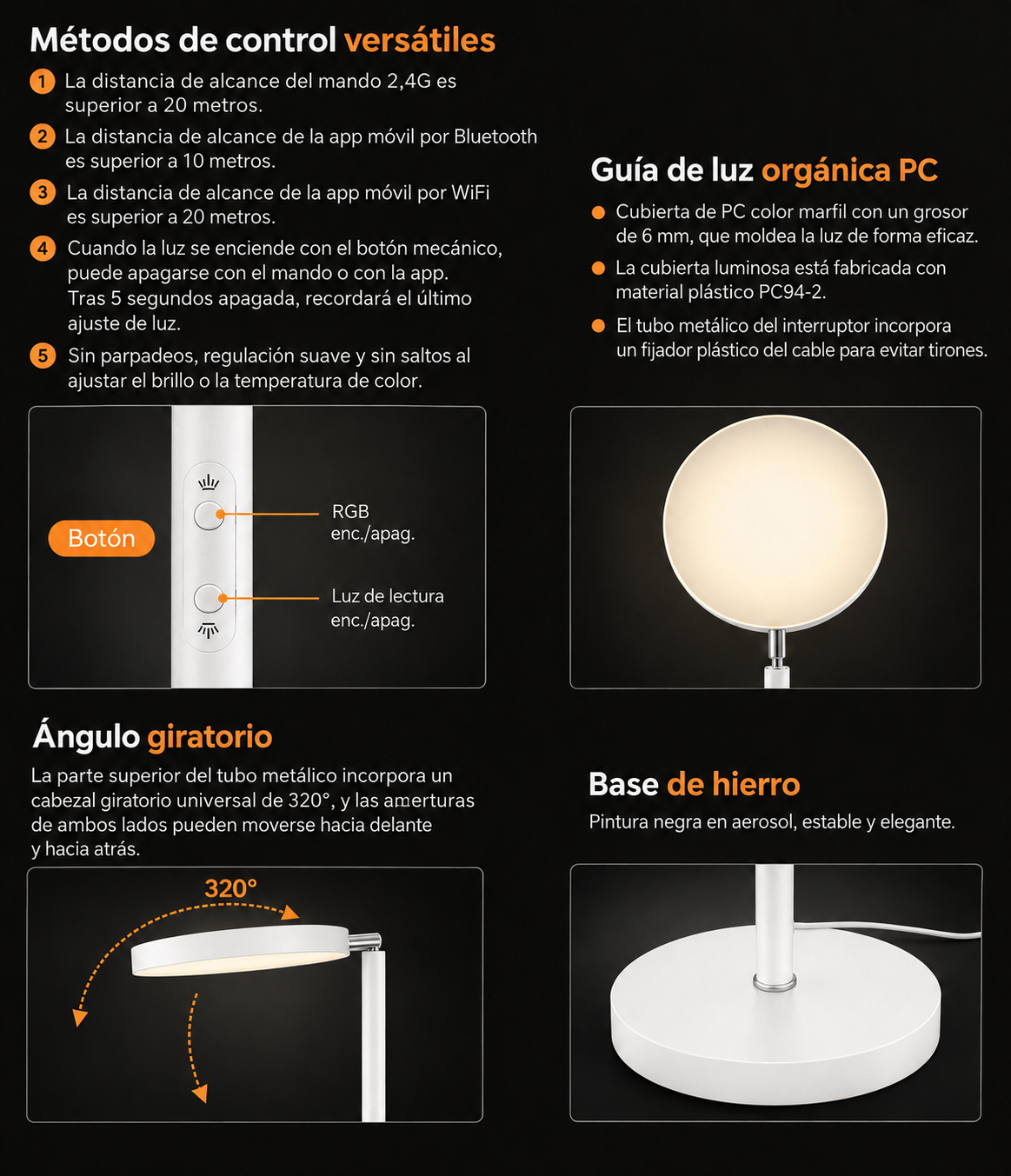 Infografía con controles de lámpara, guía de luz PC, ángulo de giro de 320° y base de hierro.