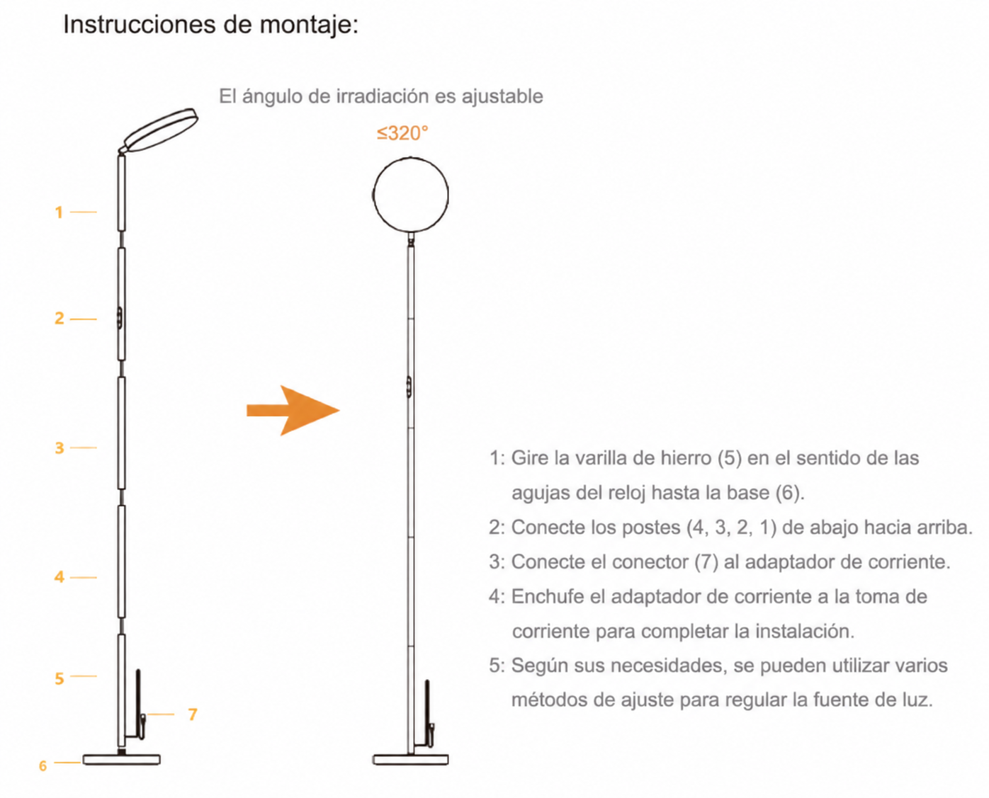 Instrucciones de montaje de una lámpara de pie con piezas numeradas y texto en español.