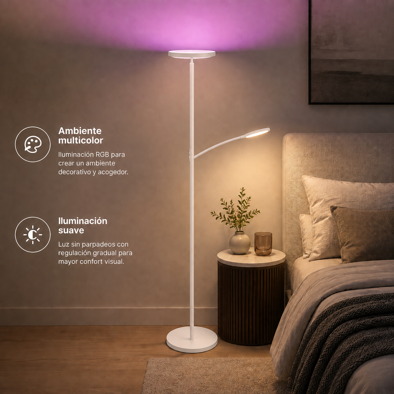 Una lámpara de pie blanca con iluminación RGB se encuentra junto a una cama en un dormitorio acogedor.