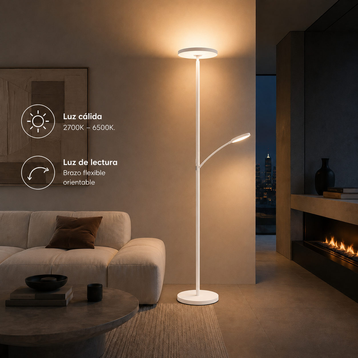 Una moderna lámpara de pie blanca con luz cálida está en una sala de estar acogedora con sofá y chimenea.