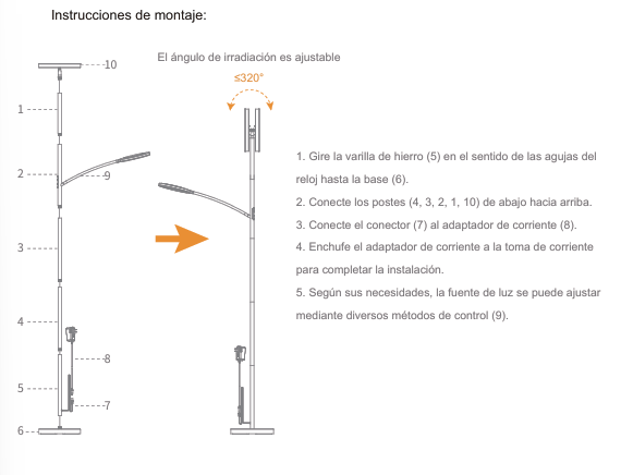 Diagrama que muestra las instrucciones de montaje de una lámpara con piezas numeradas y texto en español.