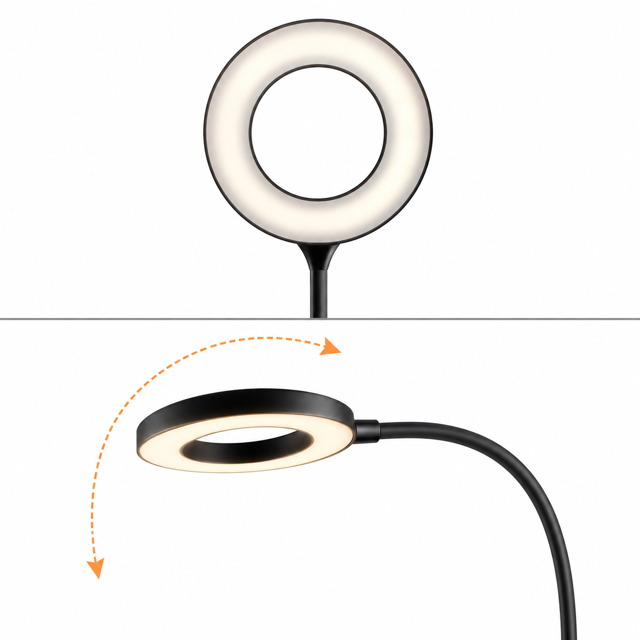 Una luz de anillo negra en un brazo flexible con flechas de movimiento.