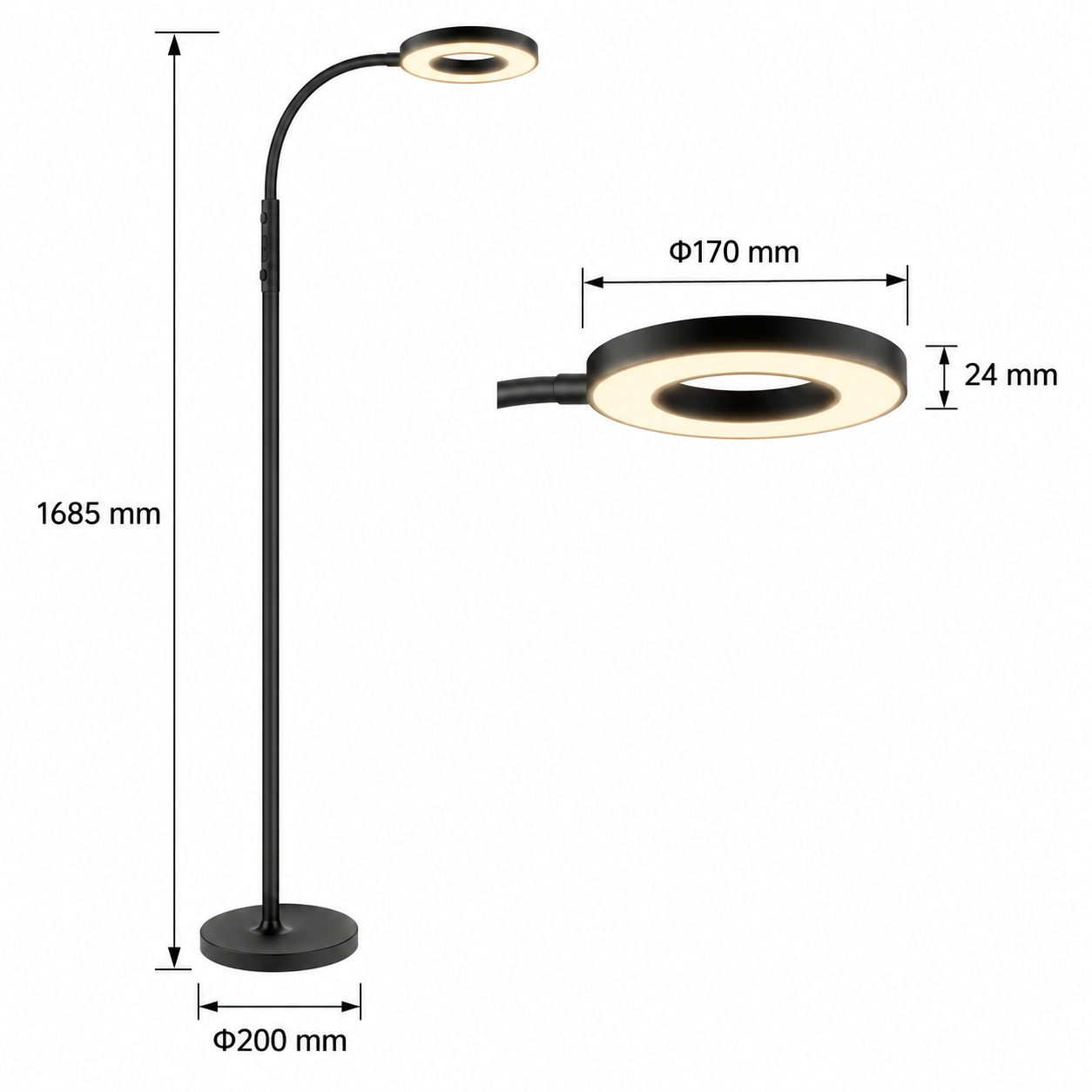 Lámpara de pie LED negra con dimensiones: altura 1685 mm, base 200 mm, cabeza 170 mm y 24 mm de grosor.