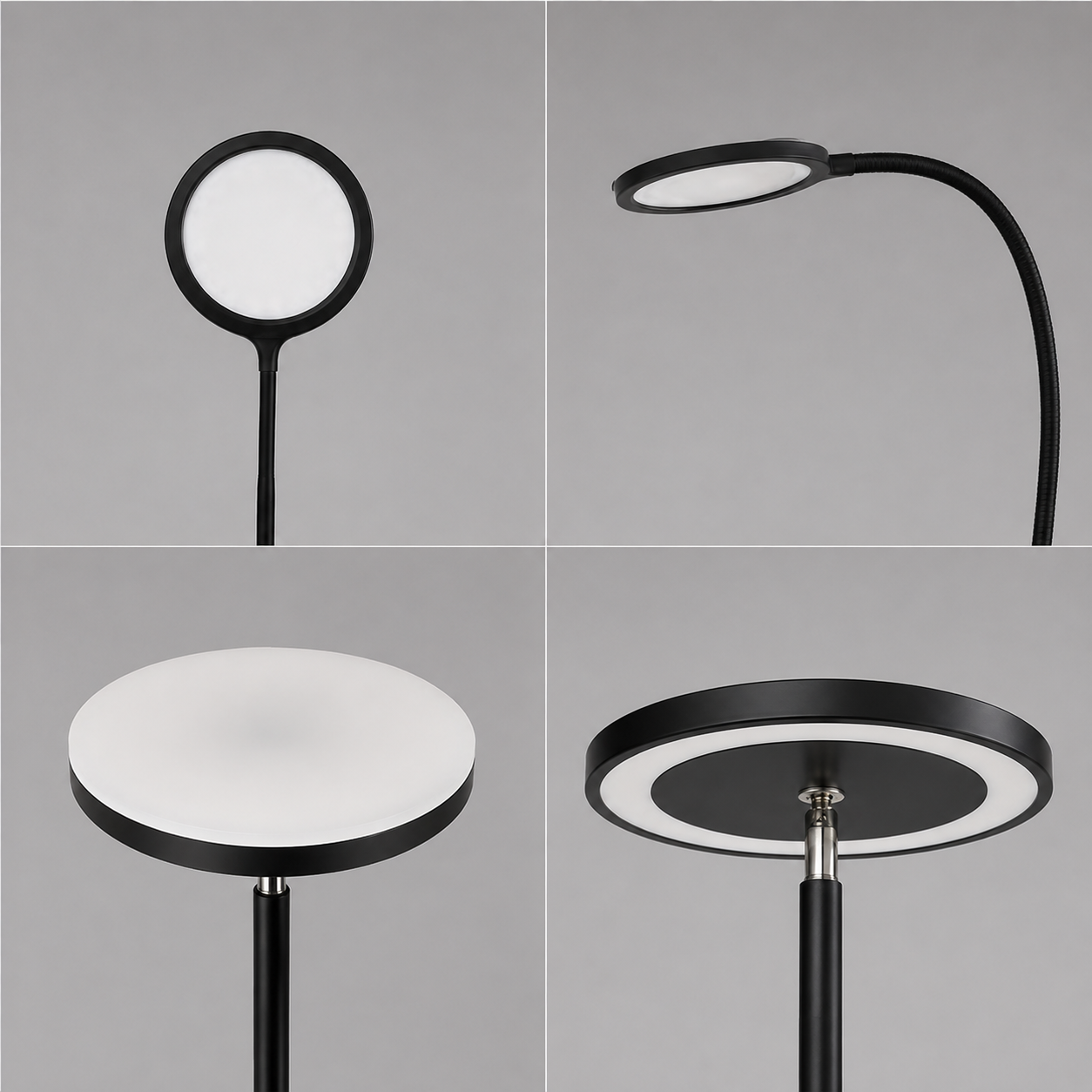 Cuatro vistas de una moderna lámpara de pie negra con cabeza plana circular e iluminada sobre fondo gris.