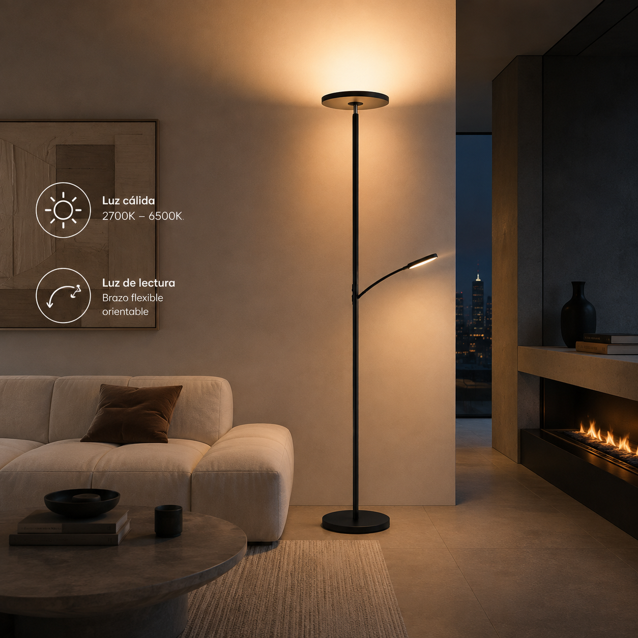 Lámpara de pie moderna con luz cálida y de lectura en salón con sofá y chimenea.