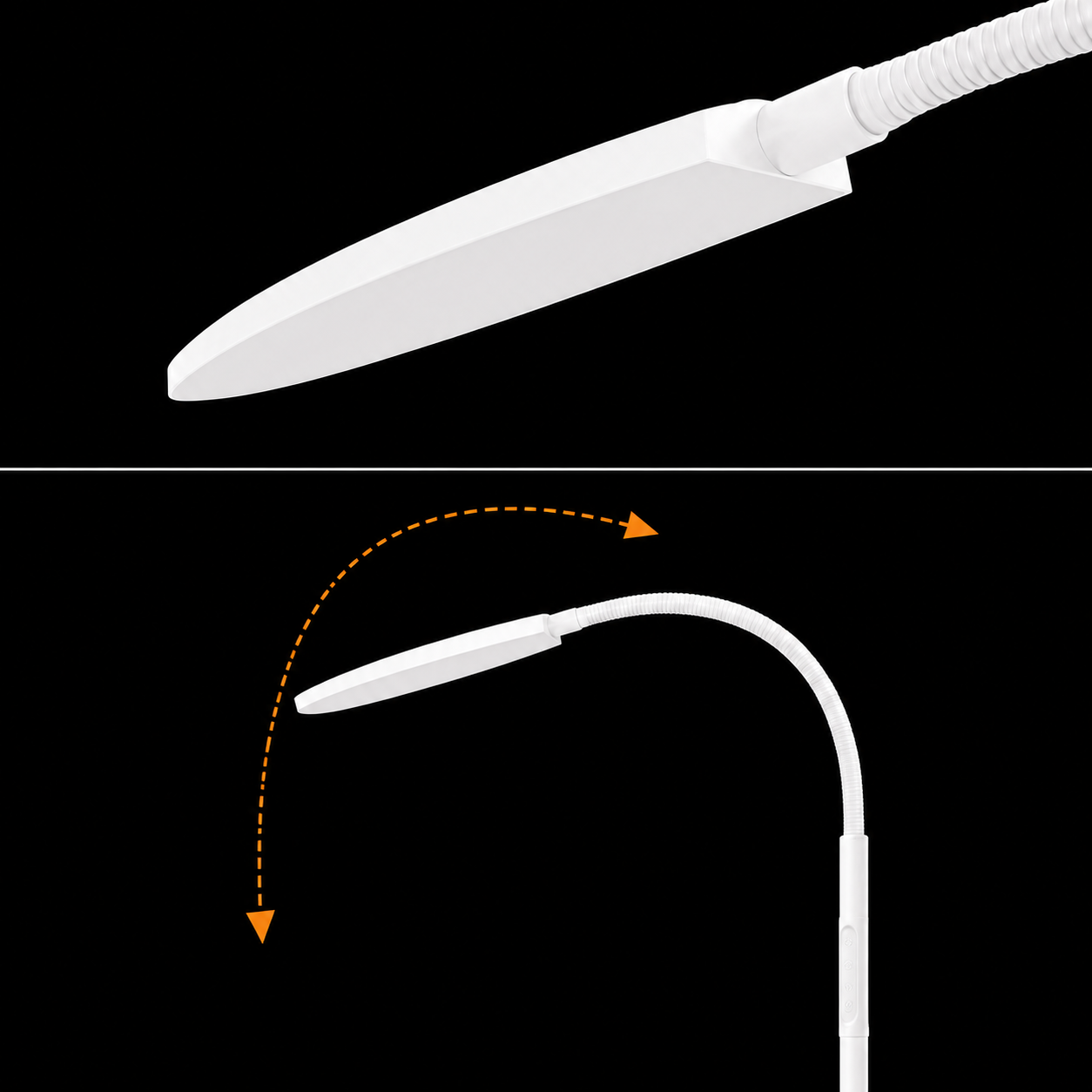 Una lámpara de escritorio blanca con cuello flexible y ángulo de luz ajustable sobre fondo negro.