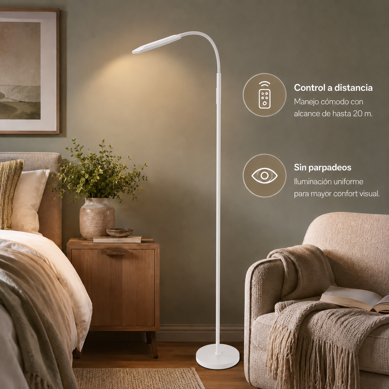 Una lámpara de pie blanca en un dormitorio acogedor junto a una mesita de noche y un sillón.